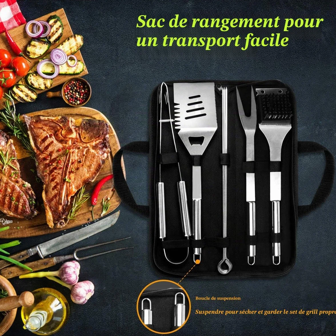Lot de 10 ustensiles de Barbecue en Acier Inoxydable avec Sac de Transport