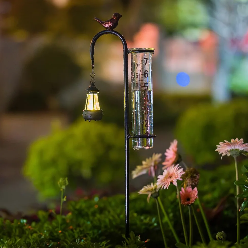 Pluviomètre solaire pour l'extérieur Motif colibri | Tube en verre de 17,8 cm, en forme de lampadaire, pluviomètre décoratif pour jardin, cour, pelouse