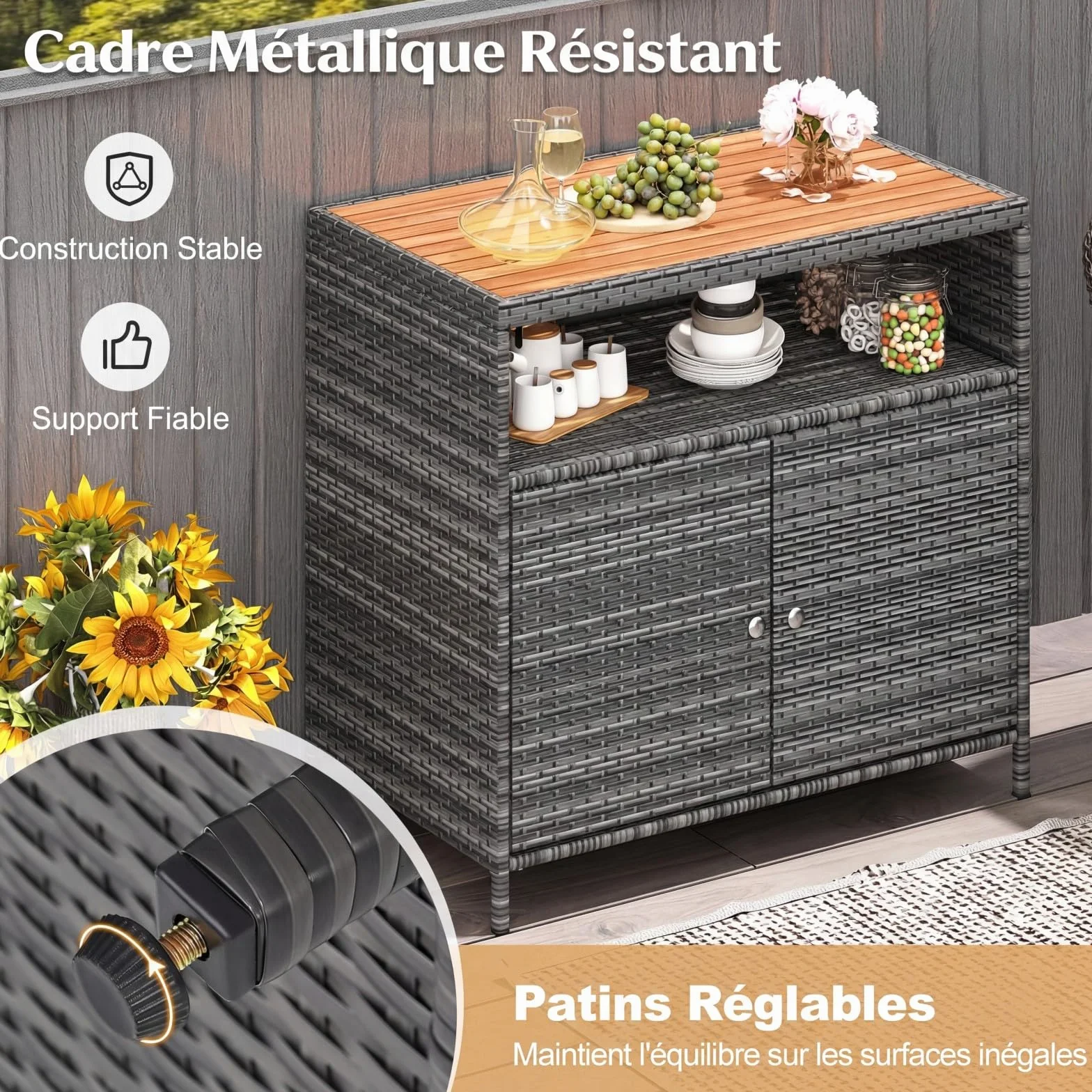 COSTWAY Armoire de Rangement Exterieur en Rotin, Jardin avec Plateau en Bois d'Acacia, Buffet 2 Portes, Gris