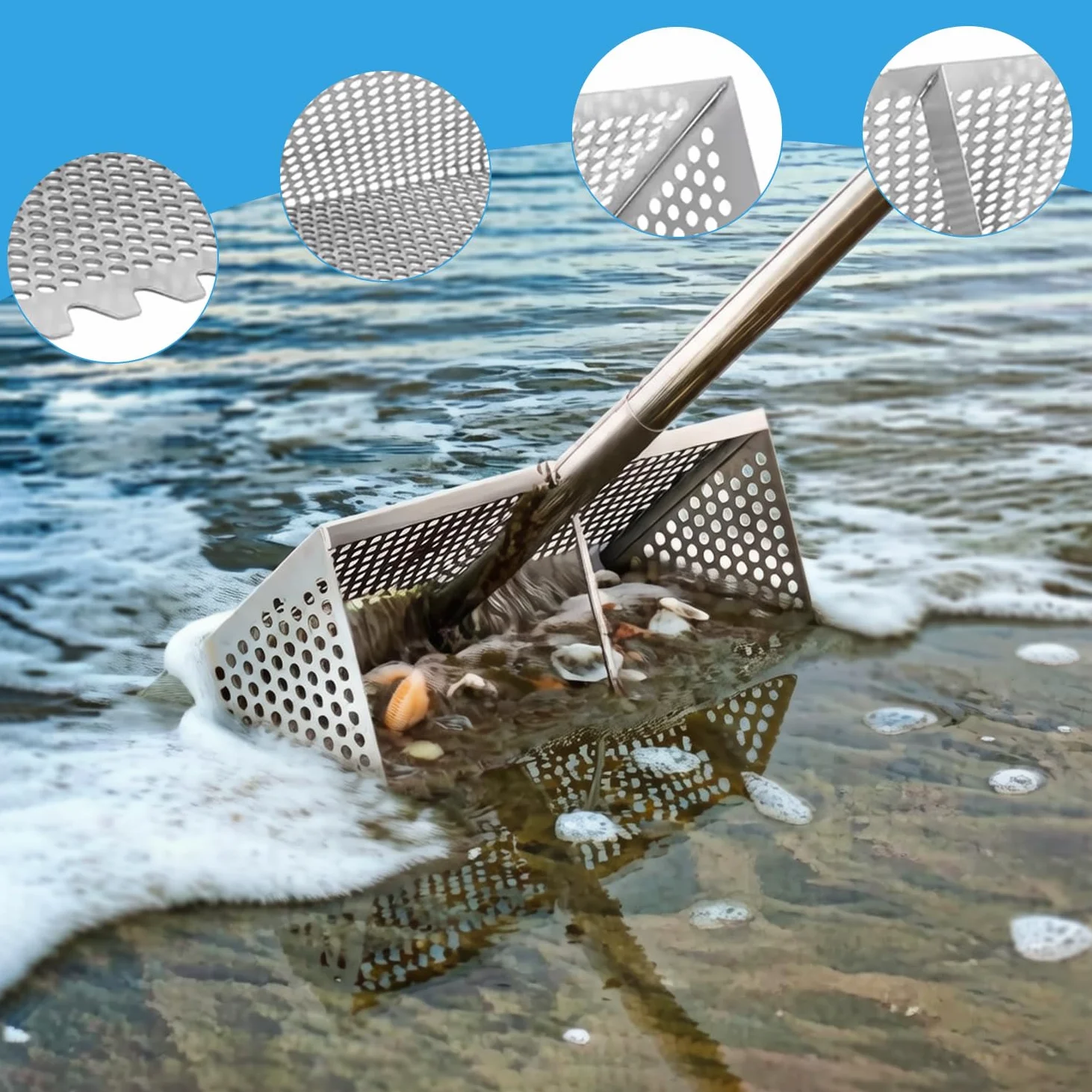 Râteau à sable de plage - Pelle à sable et tamis en acier inoxydable - Extra large - 40 cm de large avec dents de requin et manche amovible de 140 cm de long - Outil de chasse au trésor sur la plage