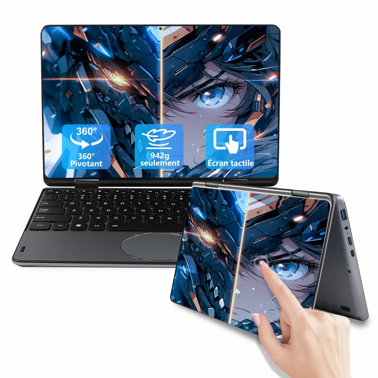 Ordinateur Portable 2-en-1 11 Pouces Tactile Celeron N100 16 Go DDR4 1920x1200 IPS Clavier Rétroéclairé Gris
