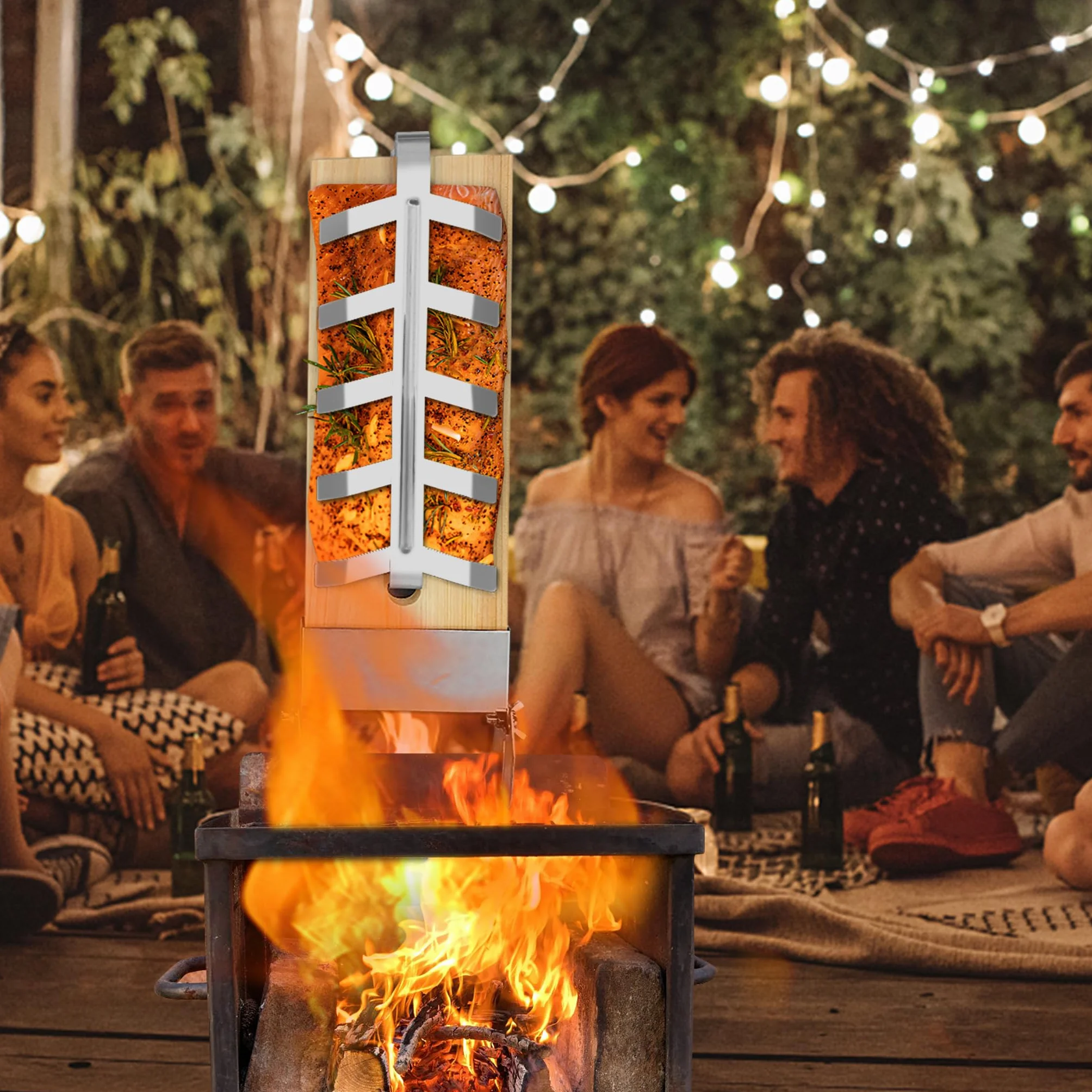 LZQ Lot de 4 planches à saumon flambé avec support en acier inoxydable 5 niveaux réglables