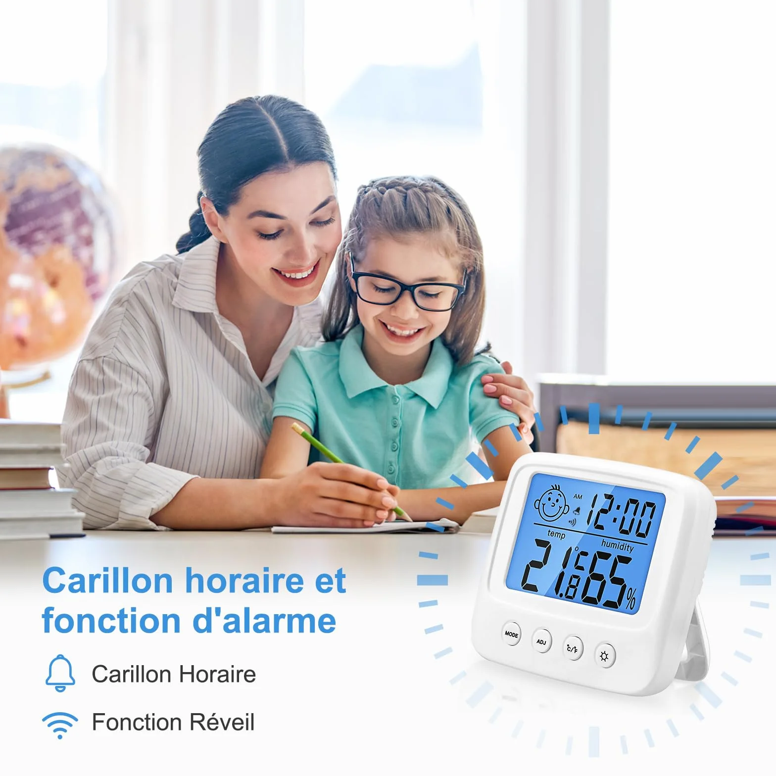 Vinabo Thermomètre Hygromètre Intérieur Digital Haute Précision avec Rétroéclairage Horloge