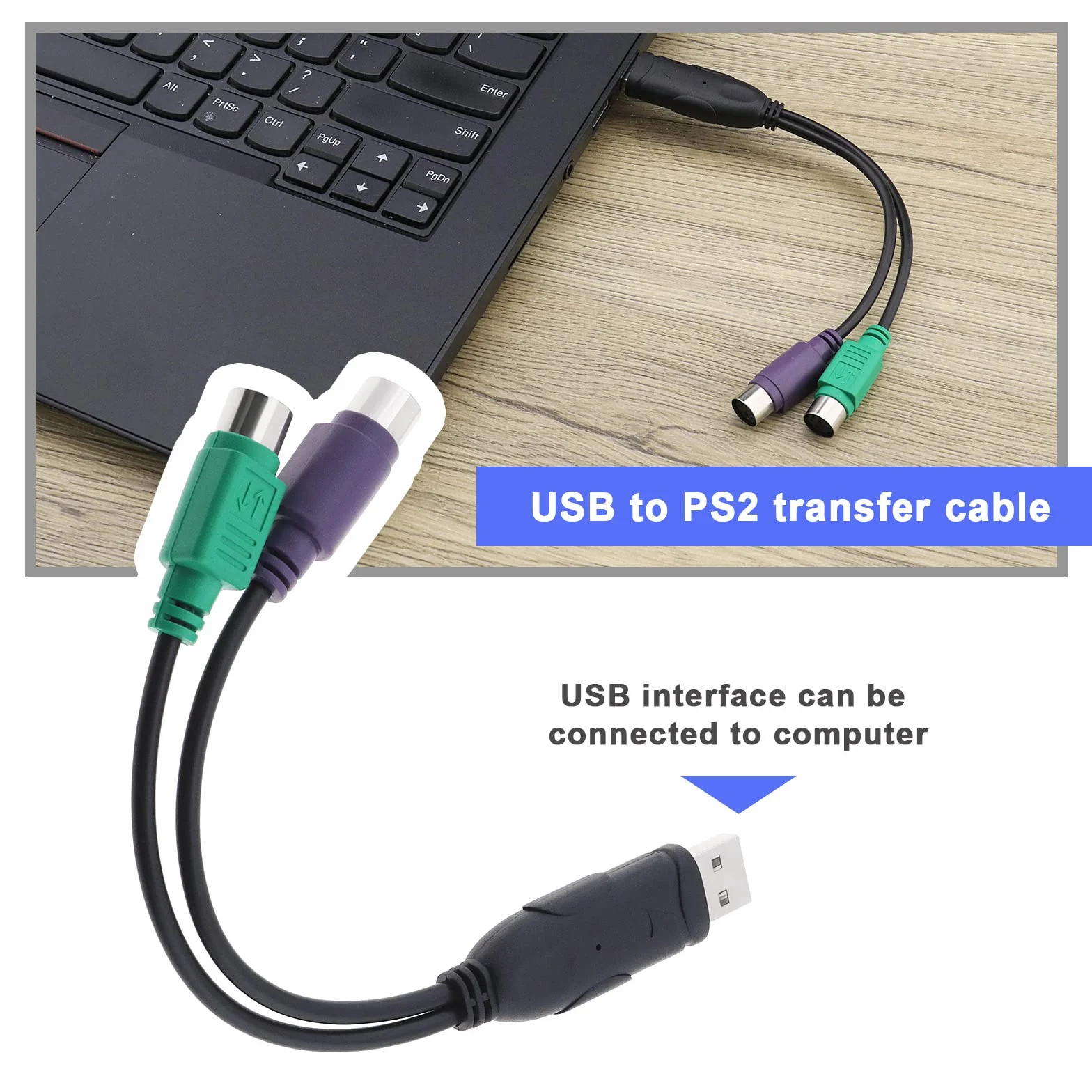 Adaptateur PS2 vers USB Lot de 2 Convertisseur Y Clavier Souris Plug and Play KVM 20 cm