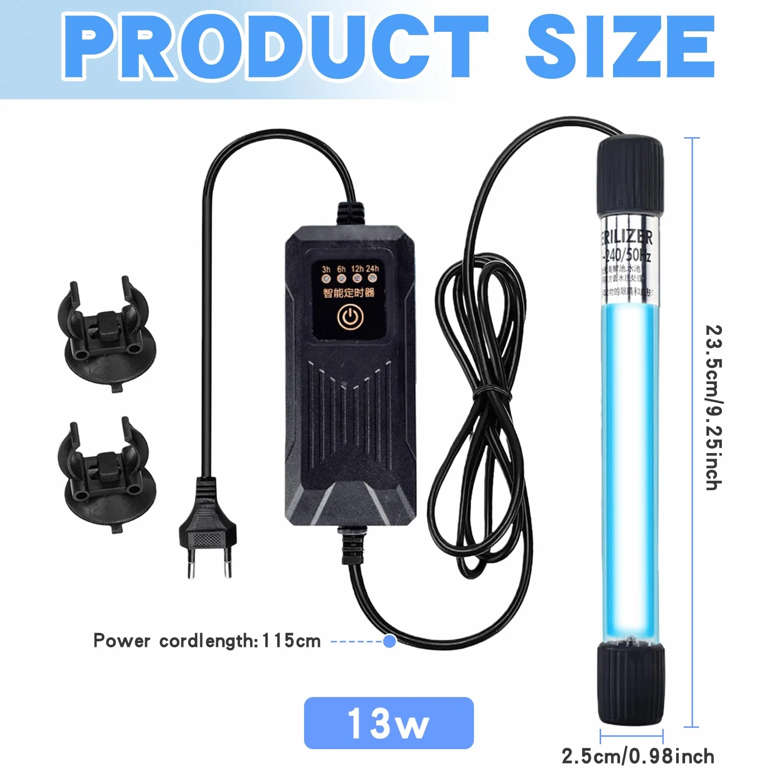 Lampe stérilisateur UV pour aquarium 13 W avec minuterie, étanche