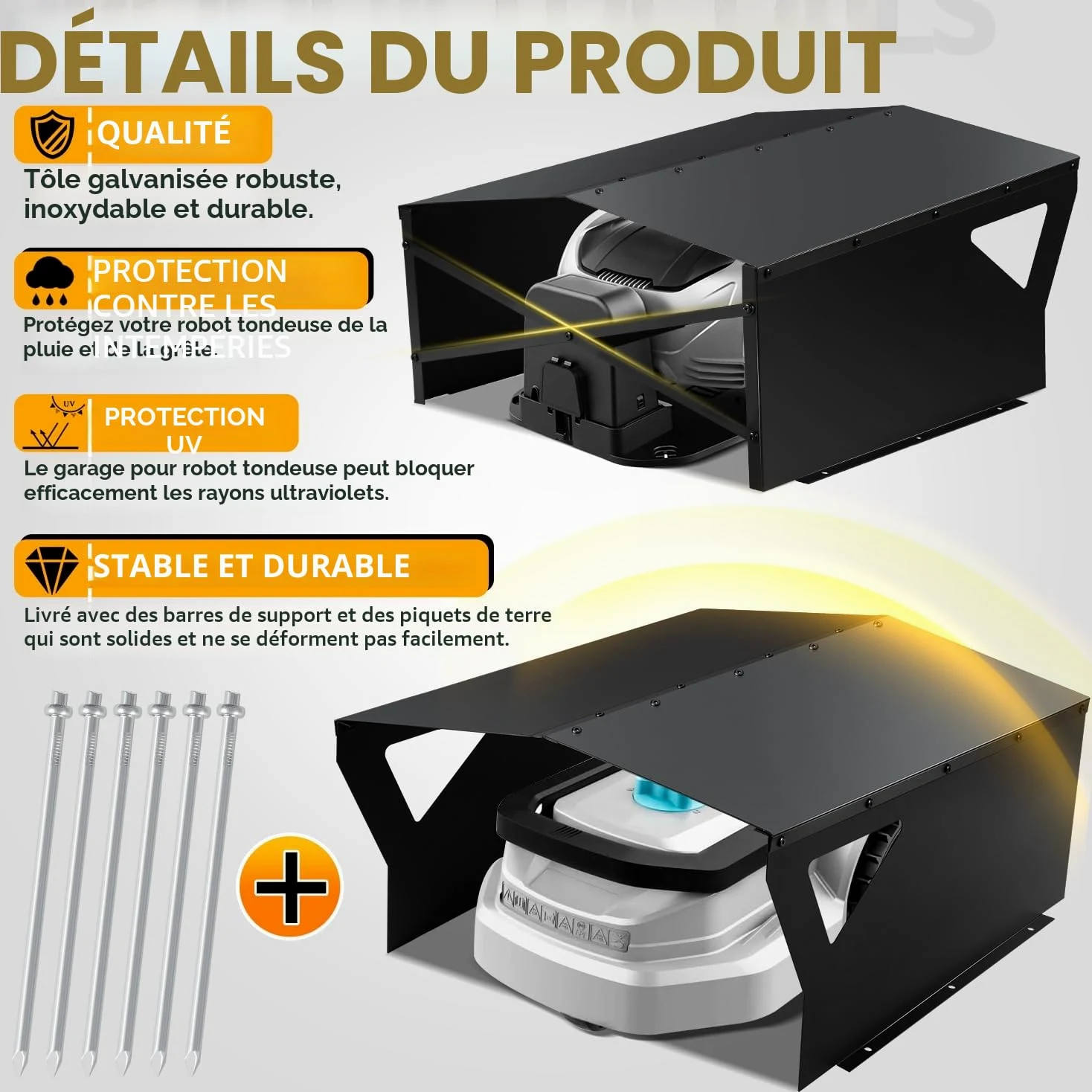 Herrselsam Abri de protection galvanisé pour tondeuse robot avec gants et protection UV - Idéal contre la pluie et la grêle - 78 x 60 x 34 cm - Noir