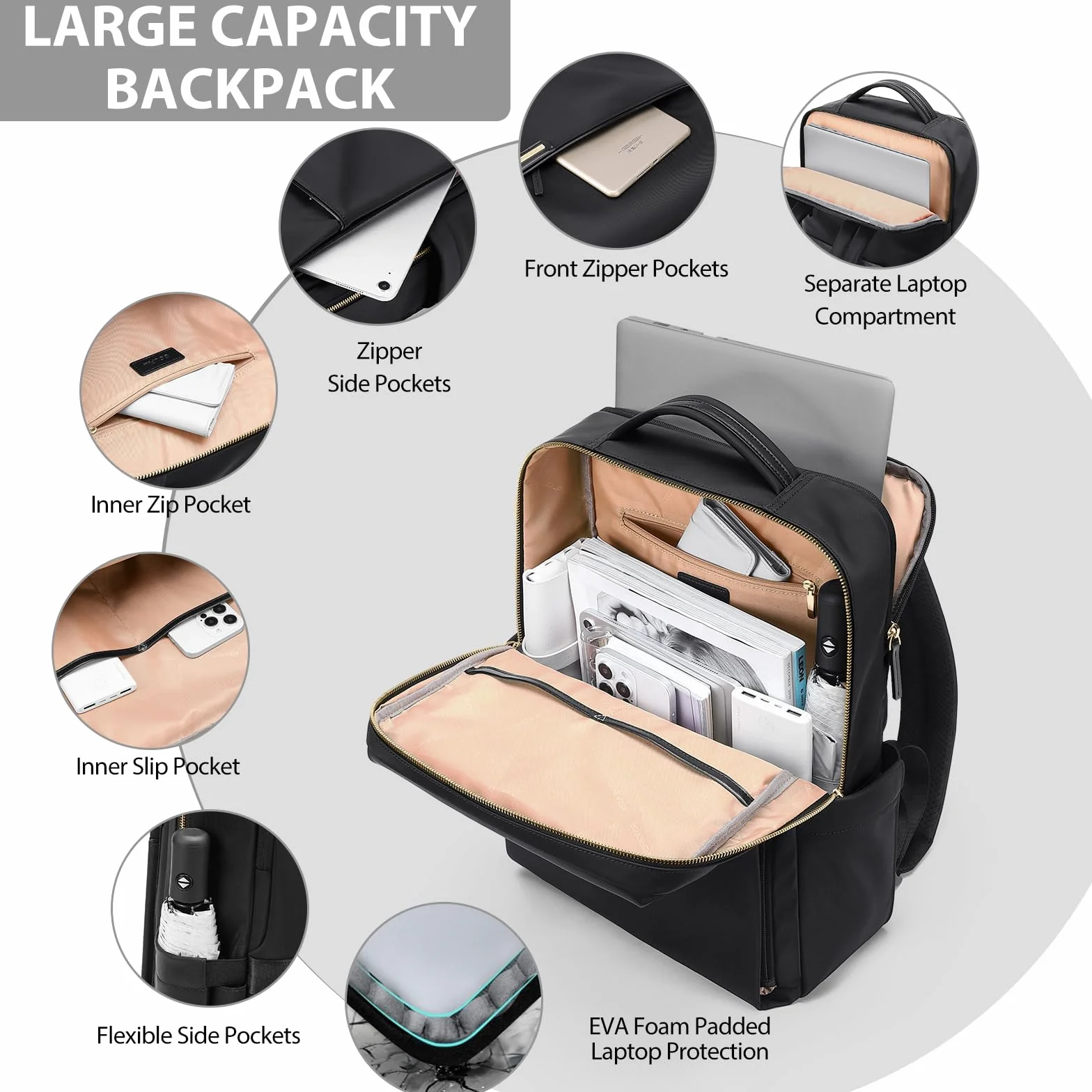 Sac à Dos Ordinateur Portable 16 Pouces Imperméable Noir