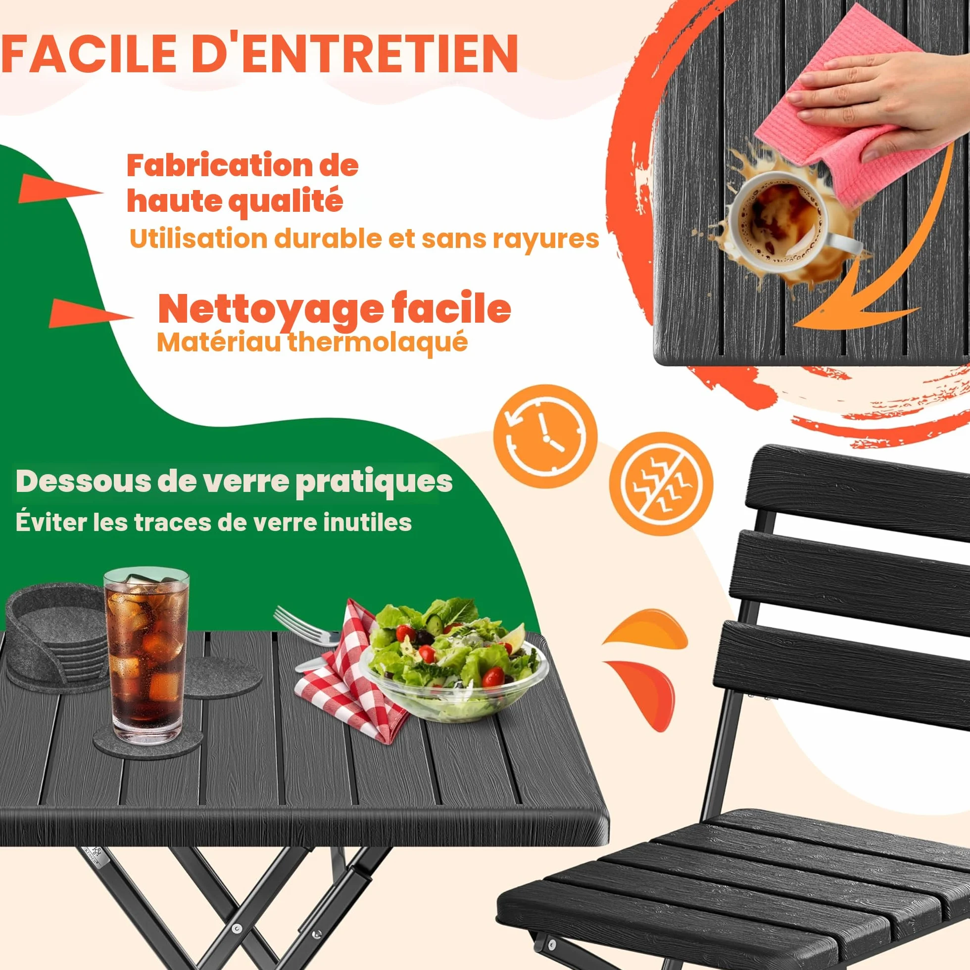 KESSER Ensemble de Bistrot 3 Pièces Pliable Acier Bois Balcon Résistant Intempéries UV