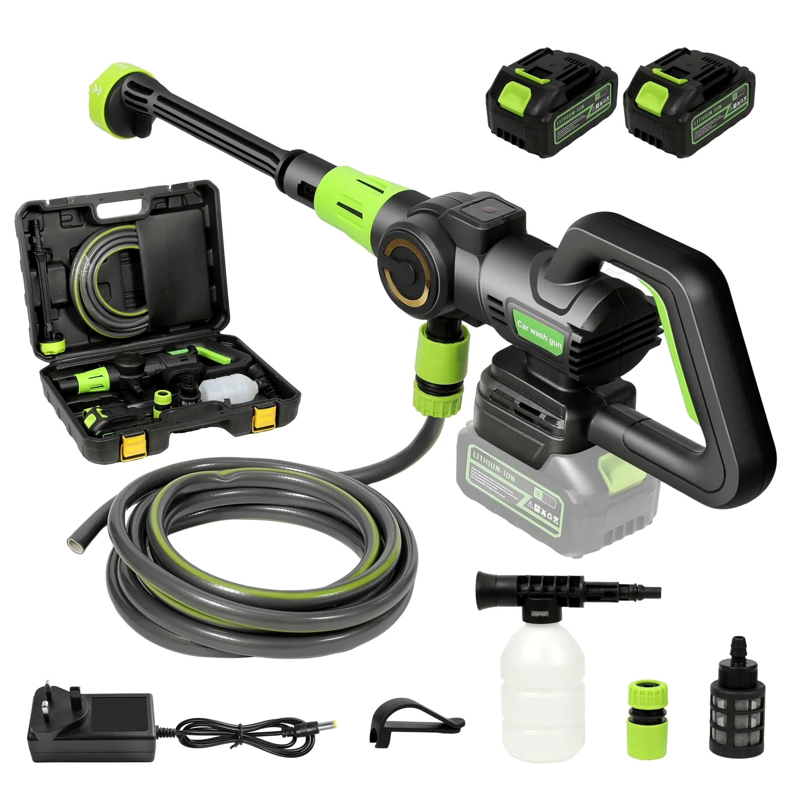 Nettoyeur Haute Pression sans Fil, Pressure Washer 3 Modes Max 120 Bars, Nettoyeur Haute Pression Portable avec 2 Batteries 3,0 Ah, Buse Réglable 6 en 1, Tuyau de 5 M, Nettoyage et Arrosage (Vert)