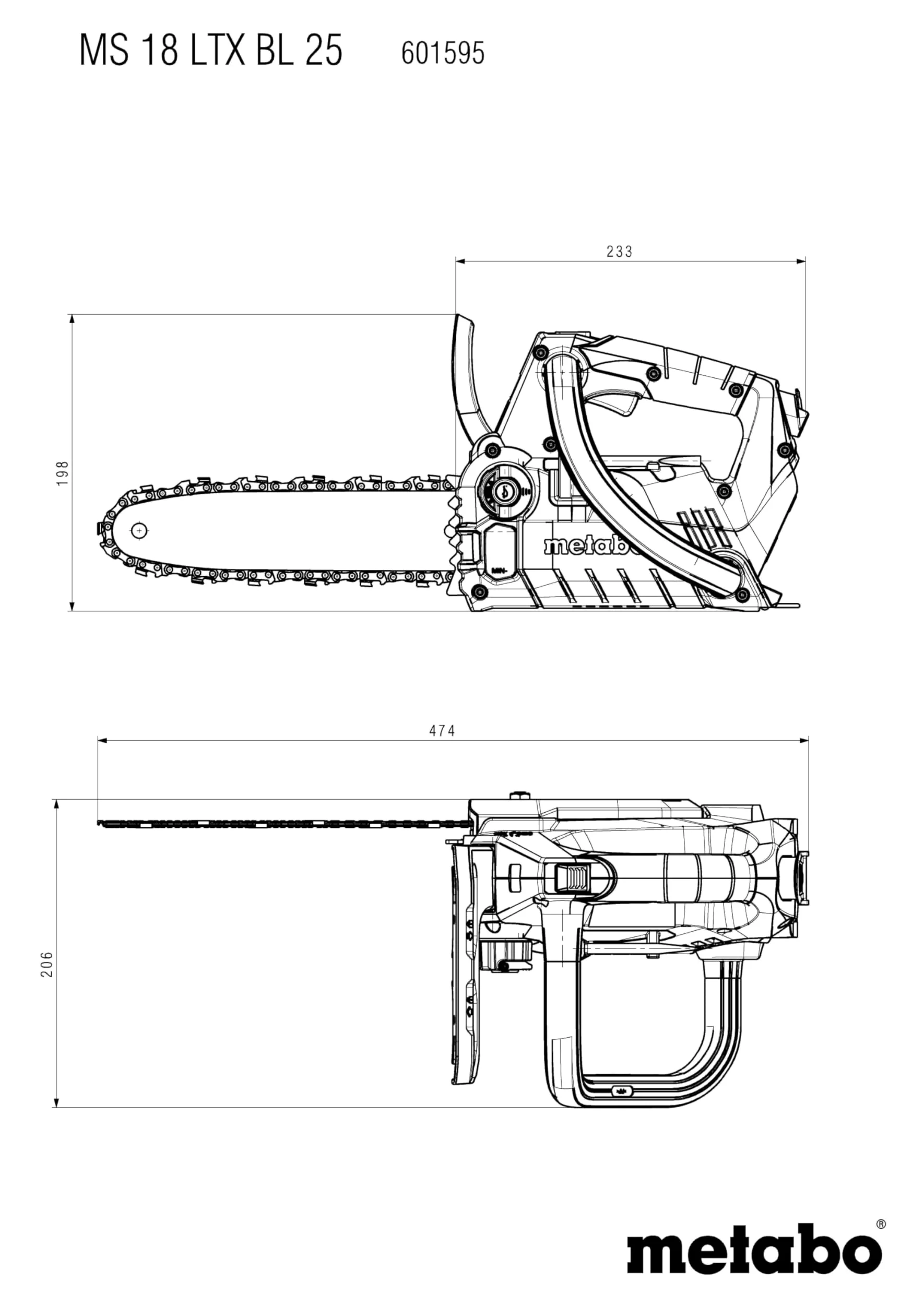 metabo Tronçonneuse sans fil MS 18 LTX BL 25-18 V, CAS, 25 cm, Oregon SpeedCut Nano - Brushless, interrupteur de sécurité, arrêt rapide de chaîne, tronçonneuse légère et compacte pour l'entretien des