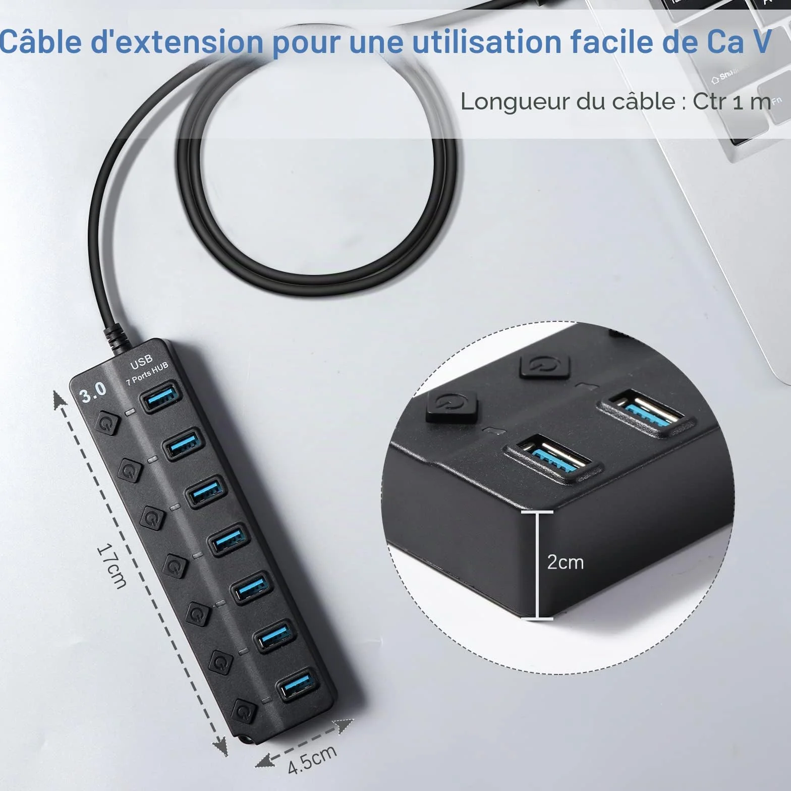 Hoppac Hub 7 en 1 Multiprise USB 3.0 2.0 Port Multiple PC Transfert Données Recharge Interrupteur LED 1M