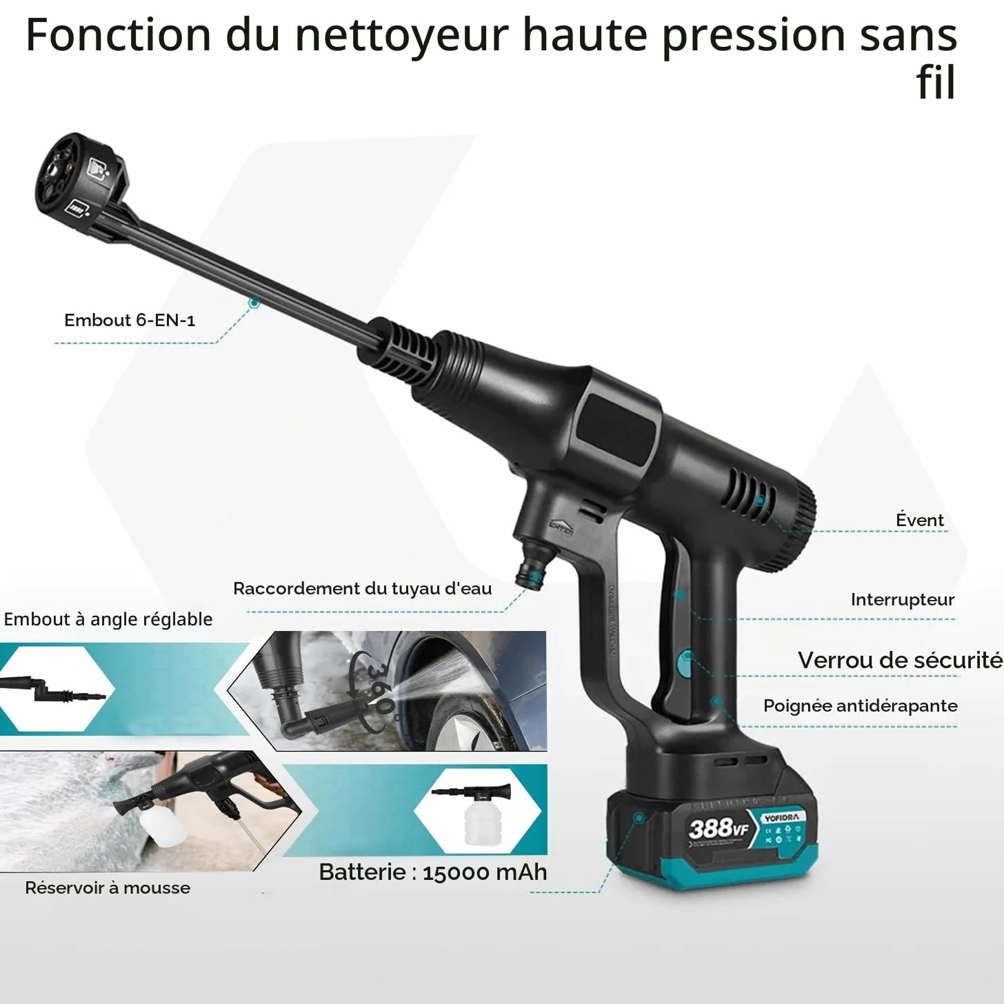 Nettoyeur Haute Pression sans Fil 3 Niveaux de Réglage Max 200Bar | Buse 6 en1 Sur Batterie 15000mah portable