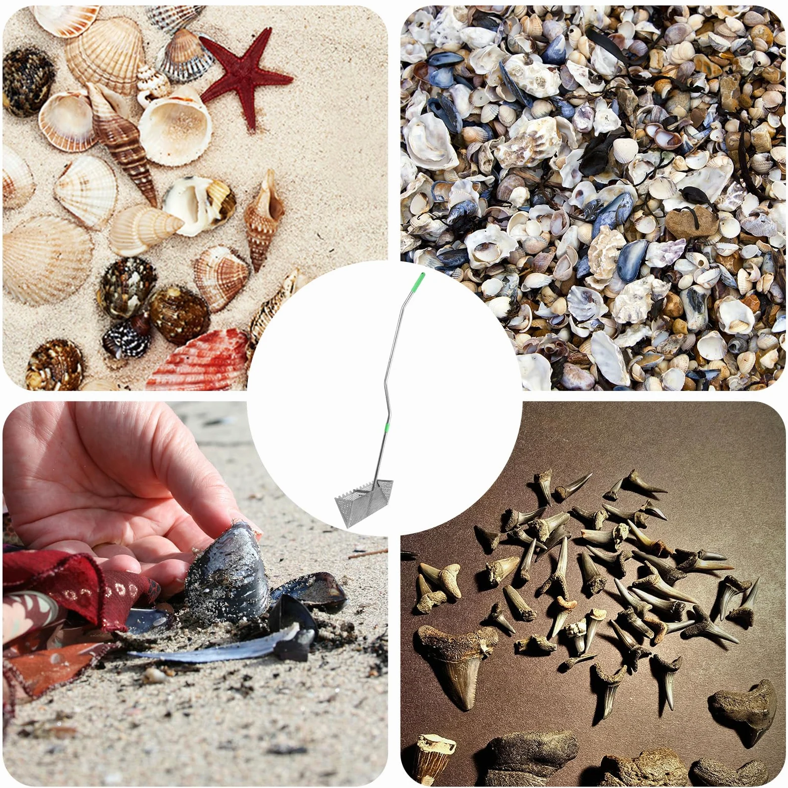 BOXOB Râteau à Puces de Sable pour la Plage, Pelle Puces Pêche Détachable Dents Pointues Panier Large Râteau de Plage Tamis à Sable Durable Pelle Outils Pratiques pour Trouver