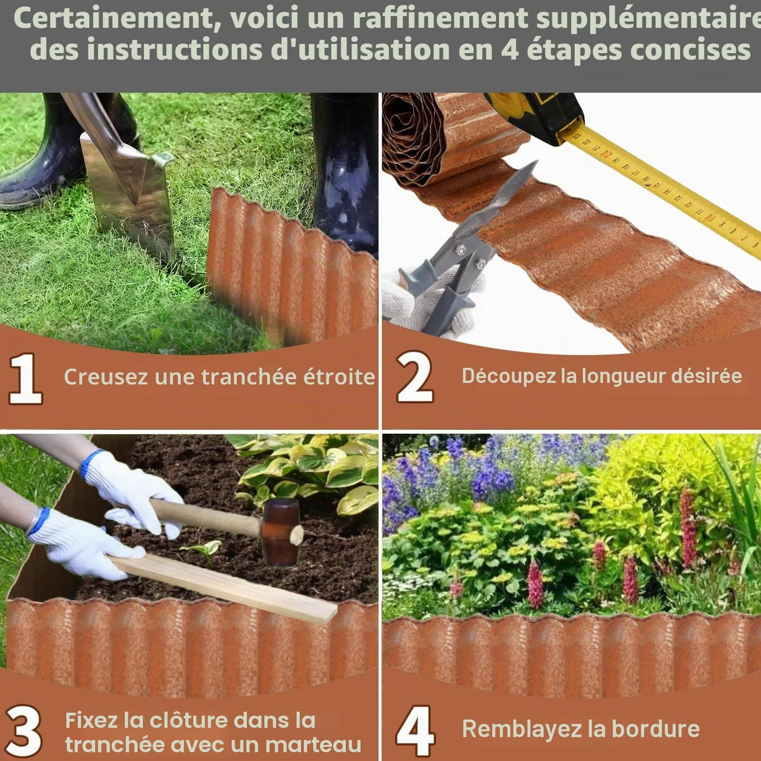 Galvanized Lawn Edging,12Inch*20FT Bordure de Jardin Metal Bordure de Pelouse,Bordure Metal Jardin pour Herbe, Parterre de Fleurs, Allée- Rouille
