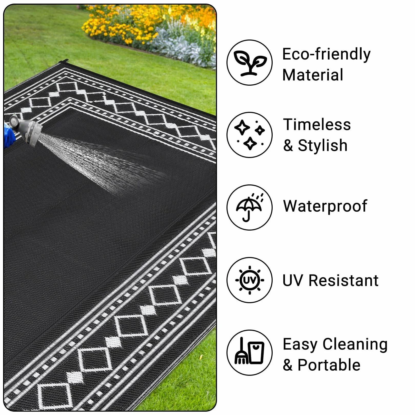 CAROMIO Grand tapis d'extérieur imperméable en paille en plastique, réversible, moderne, géométrique, pour terrasse, facile à nettoyer, tapis d'extérieur pour piscine, jardin, noir, 22,9 x 30,5 cm