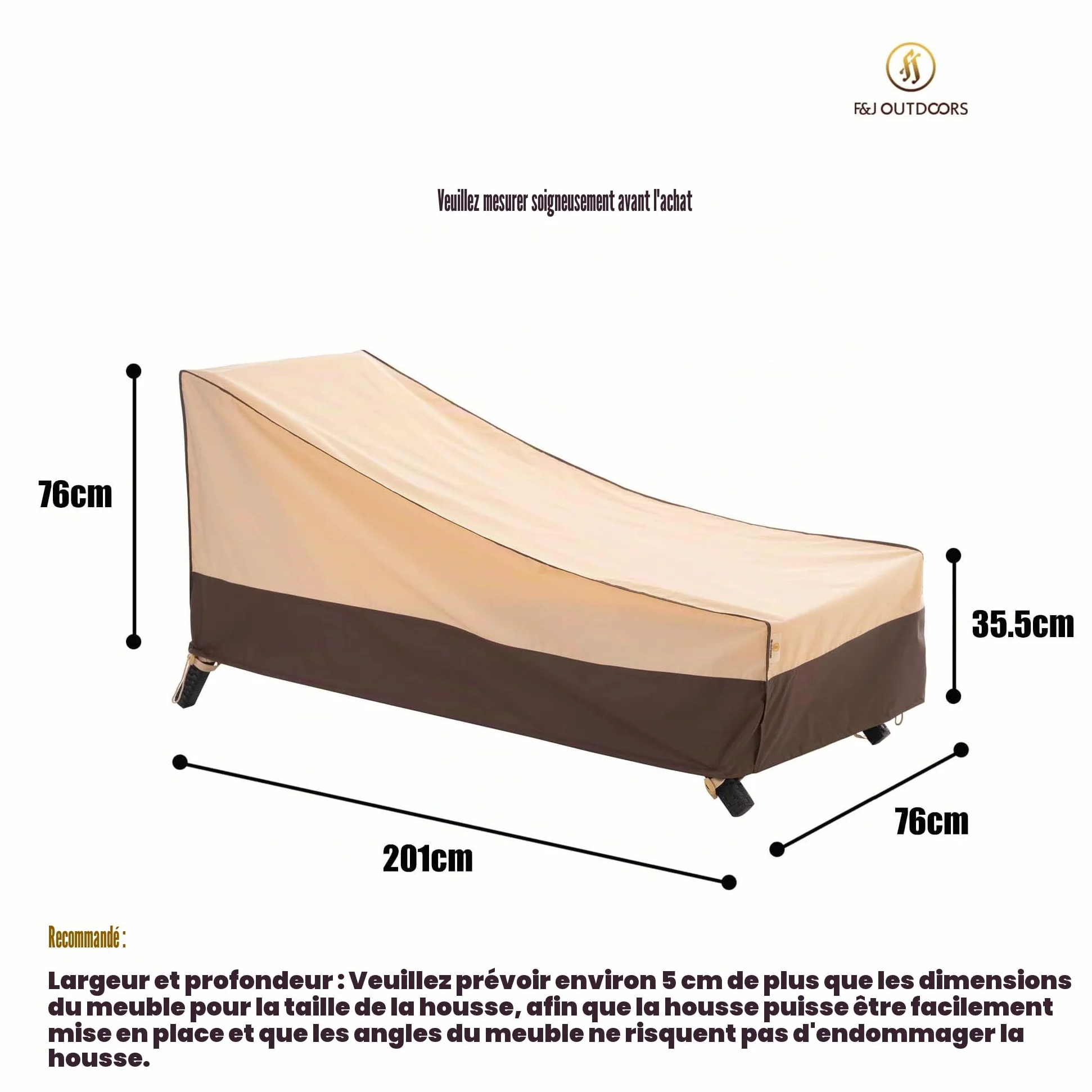 F&J Outdoors Housse pour chaises de jardin Imperméable 201x76x35.5/76cm | Lot de 2 beige; bâche durable pour plage, piscine et terrasse, contre soleil, pluie, poussière et saleté saisonnière