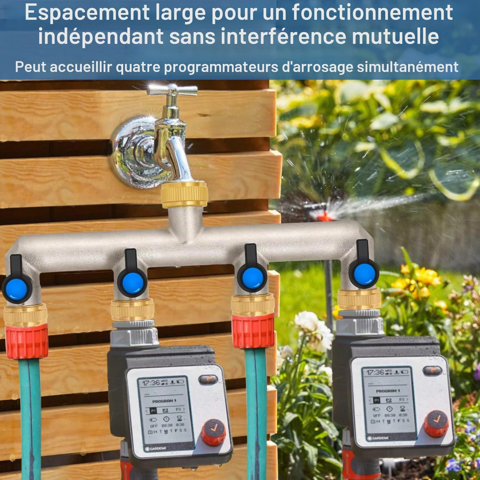 Distributeur d'eau 4 voies en laiton pour 4 appareils/tuyaux d'arrosage, 4 adaptateurs 3/4" 1/2" avec robinet à boisseau sphérique pour régler et fermer le débit d'eau