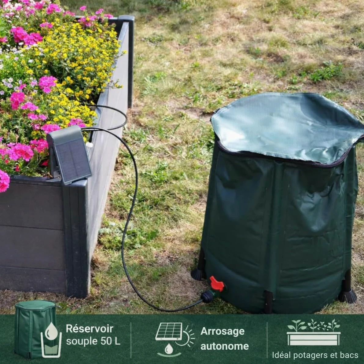 Jardibric - Kit Arrosage Goutte à Goutte Solaire Autonome - Pompe Programmable + Réserve Eau 50 L