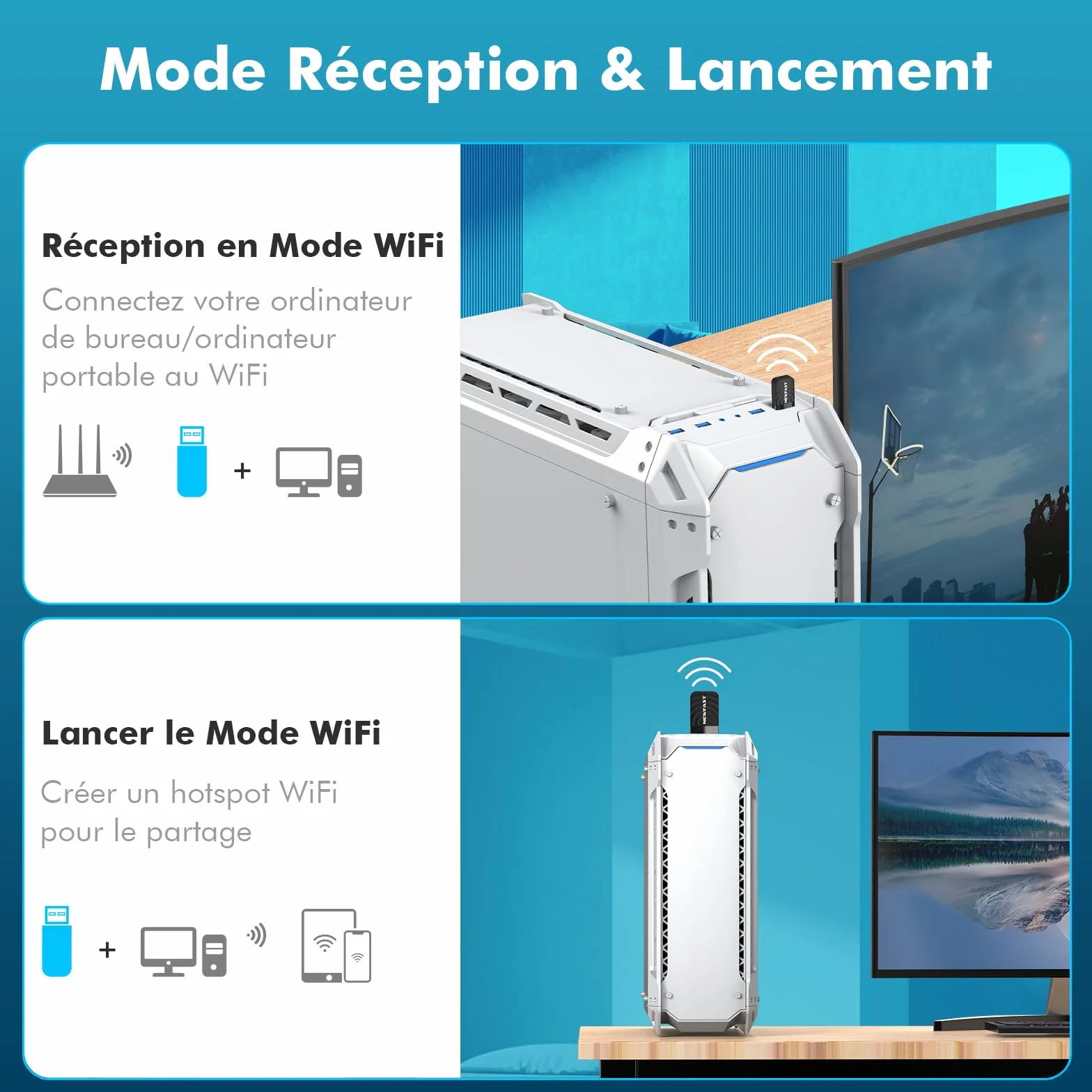 NEWFAST Clé WiFi AC1300 Mbps NF-U323, Nano Adaptateur USB WiFi Double Bande 2.4G/5GHz, MU-MIMO USB 3.0