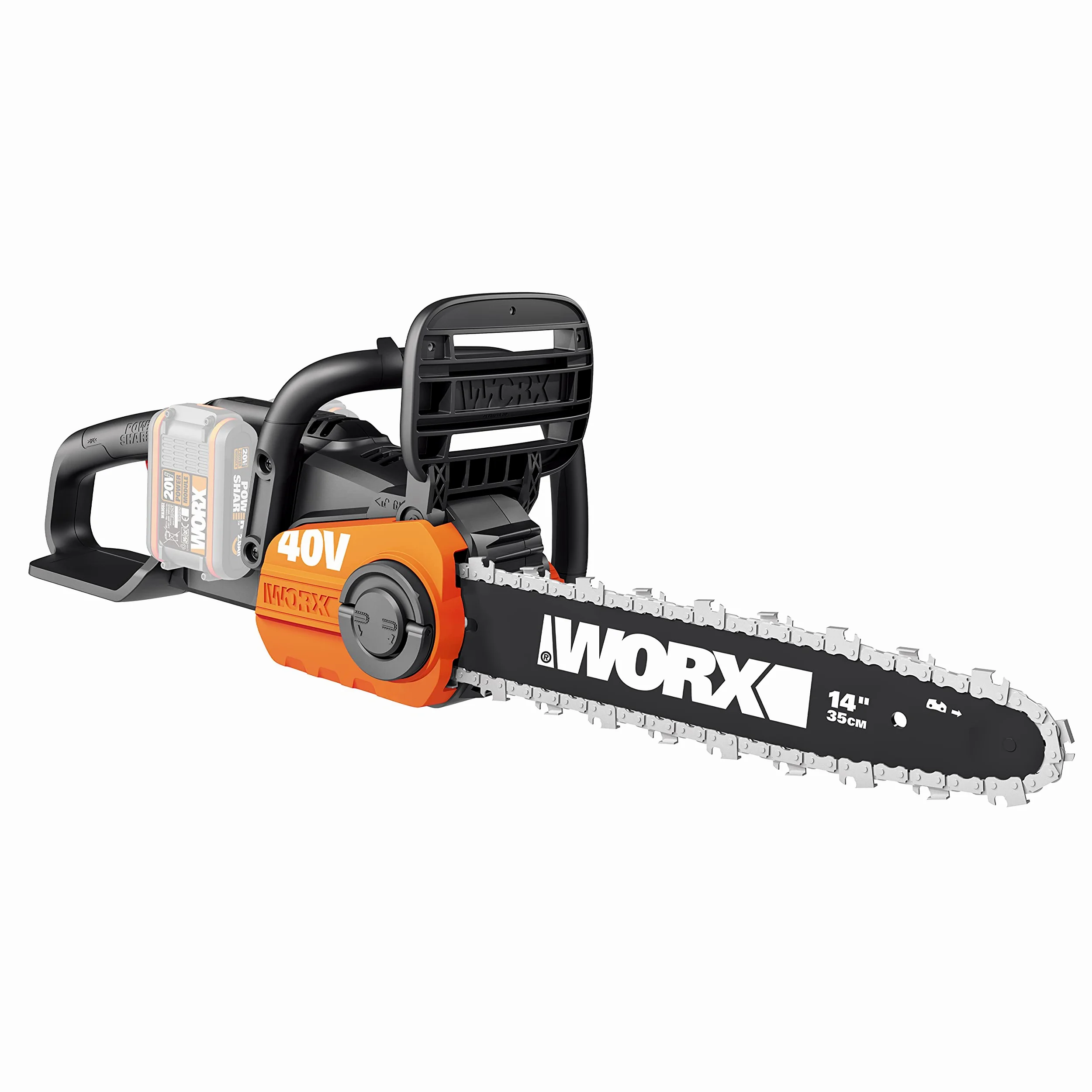 WORX - Tronçonneuse sans fil 40V - 4Ah- WG384E - guide de 35 cm, 8 m/s (Livrée avec batterie et chargeur, brushless, légère et compacte, indicateur de niveau d'huile, auto-lubrification de la chaîne) | Guide 35 cm, tension et lubrification automatiques, f