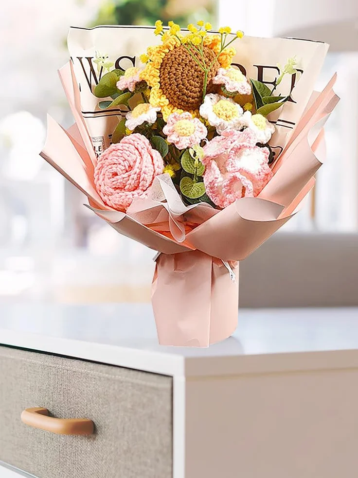 Bouquet de Fleurs au Crochet Fait Main, Tournesol Artificiel, Roses, Marguerites, Kit Cadeau Fête des Mères