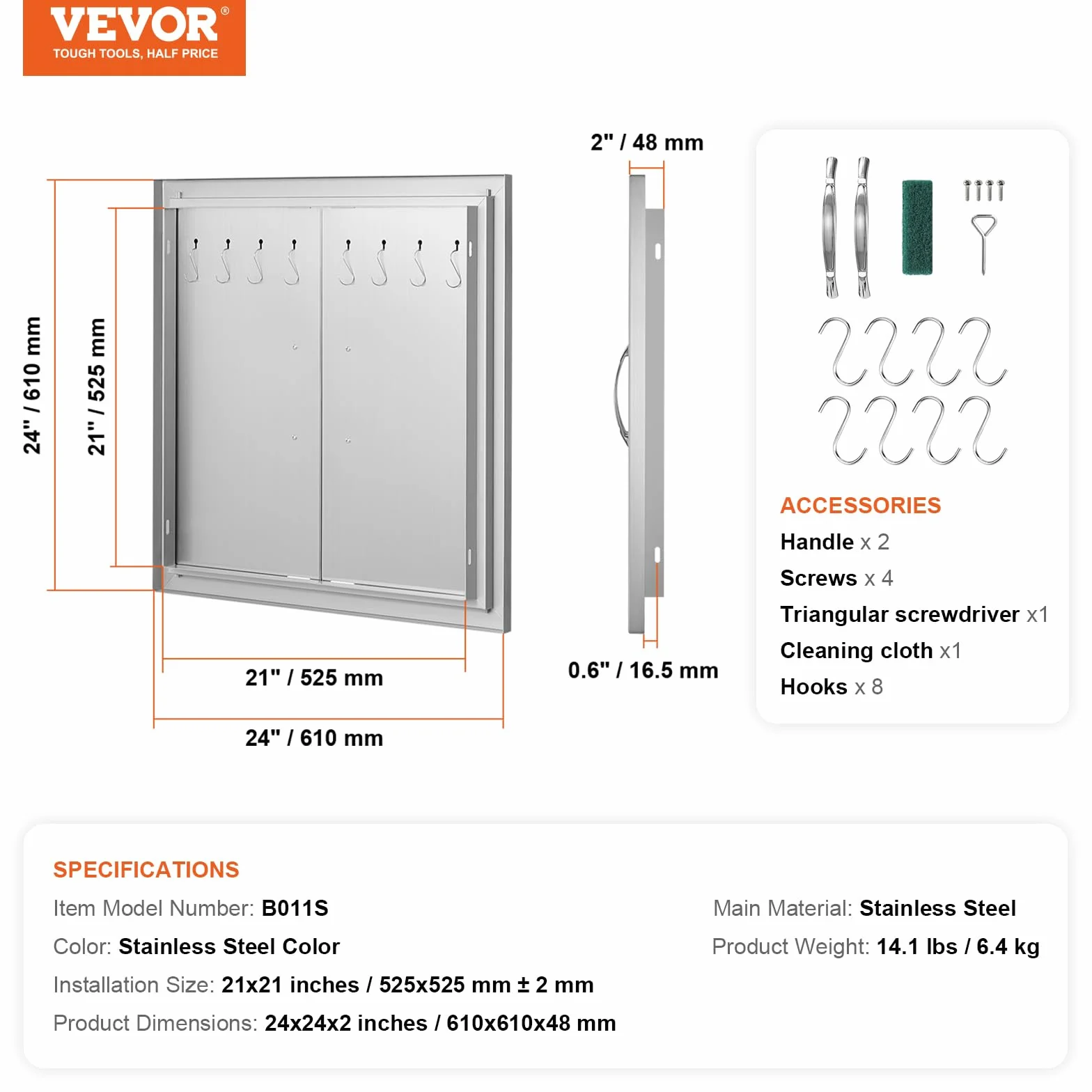 VEVOR Porte d'Accès pour Barbecue Double 61x61 cm, Porte Encastrée en Inox Réversible Double Paroi
