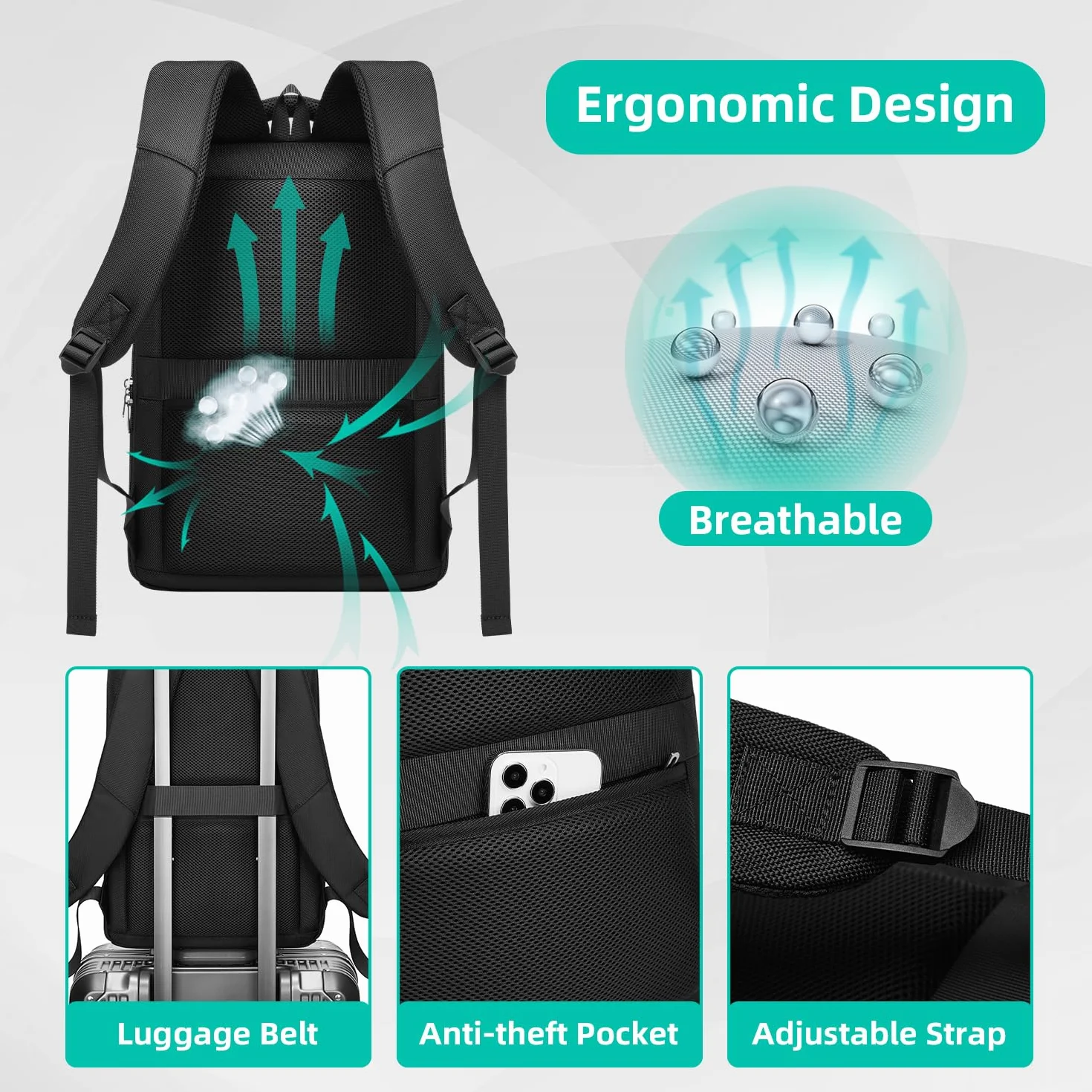Sac à Dos PC Portable 15.6 Pouces Homme Impermeable USB Charging Port Voyage Travail Noir