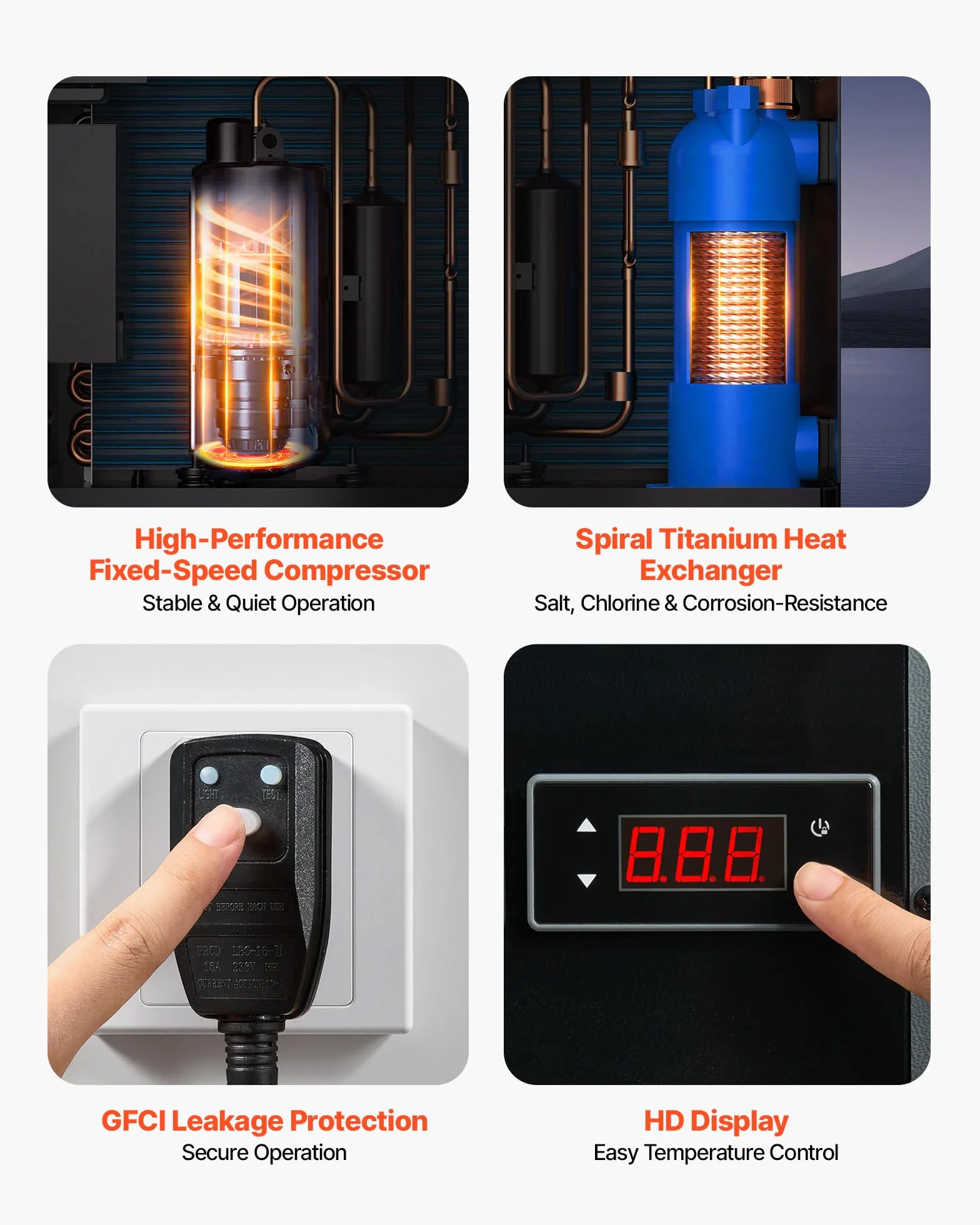 VEVOR Pompe à Chaleur pour Piscine 4,92 kW Chauffage Électrique Hors Sol 18 m³ COP 5,29 Faible Niveau Sonore GFCI