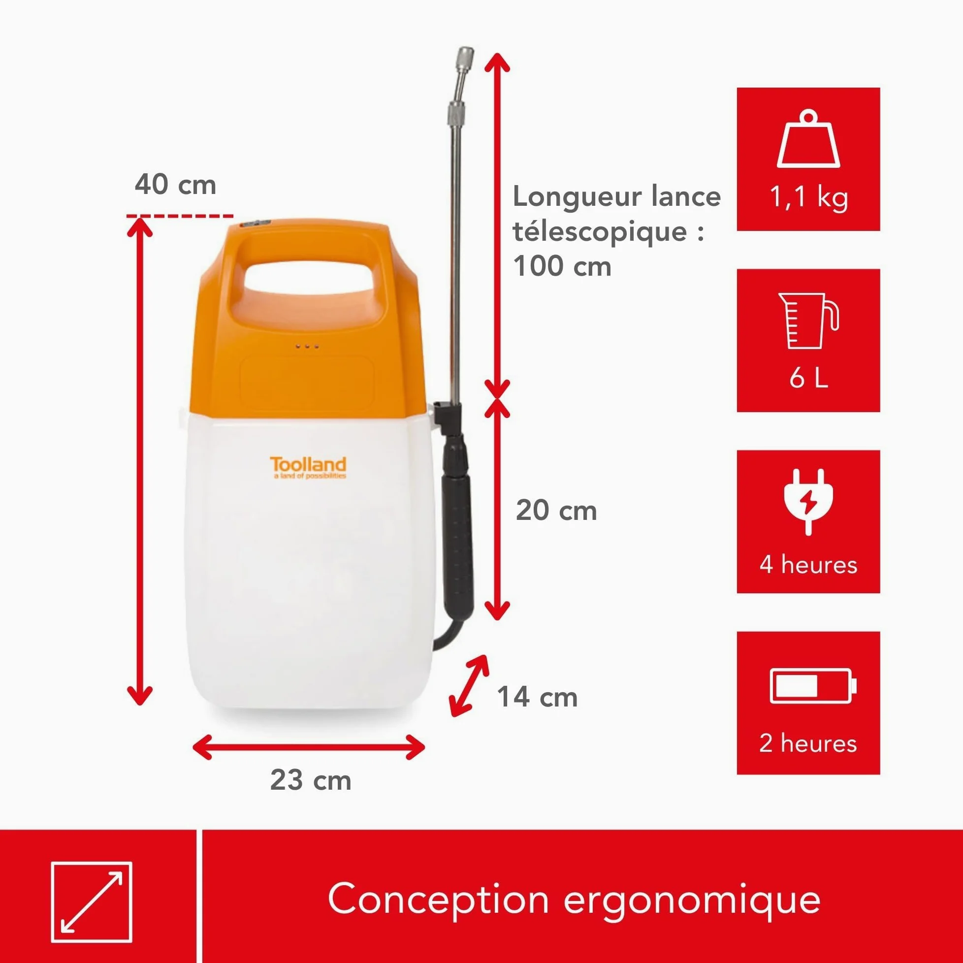 Toolland Pulvérisateur à Batterie Rechargeable 6L, pulverisateur électrique avec Lance, buse réglable, Ceinture, pulvérisateur de Jardin pour arrosage, désherbage et Protection des Plantes, Blanc,