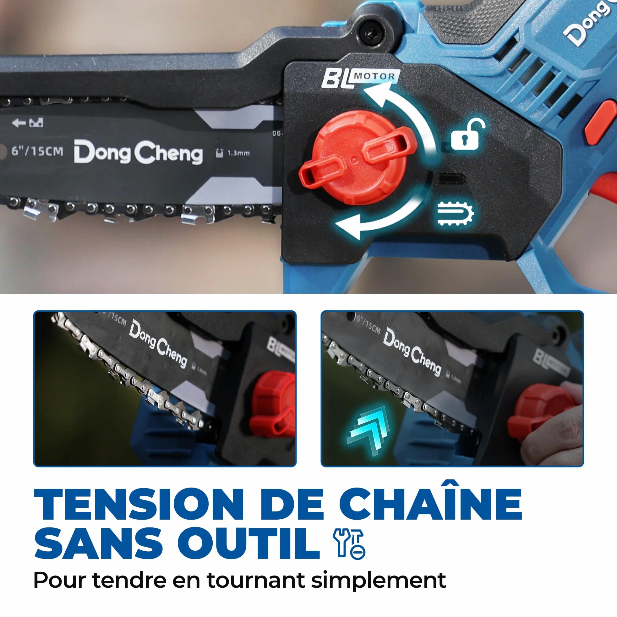 DongCheng mini tronconneuse a batterie 20V, brushless 750W, 2×2000mAh, 8m/s | Jusqu'à 270 coupes dans bois 50×50mm, 1,2kg scie légère à une main, tension de chaîne sans outil, graissage auto, guide 15cm