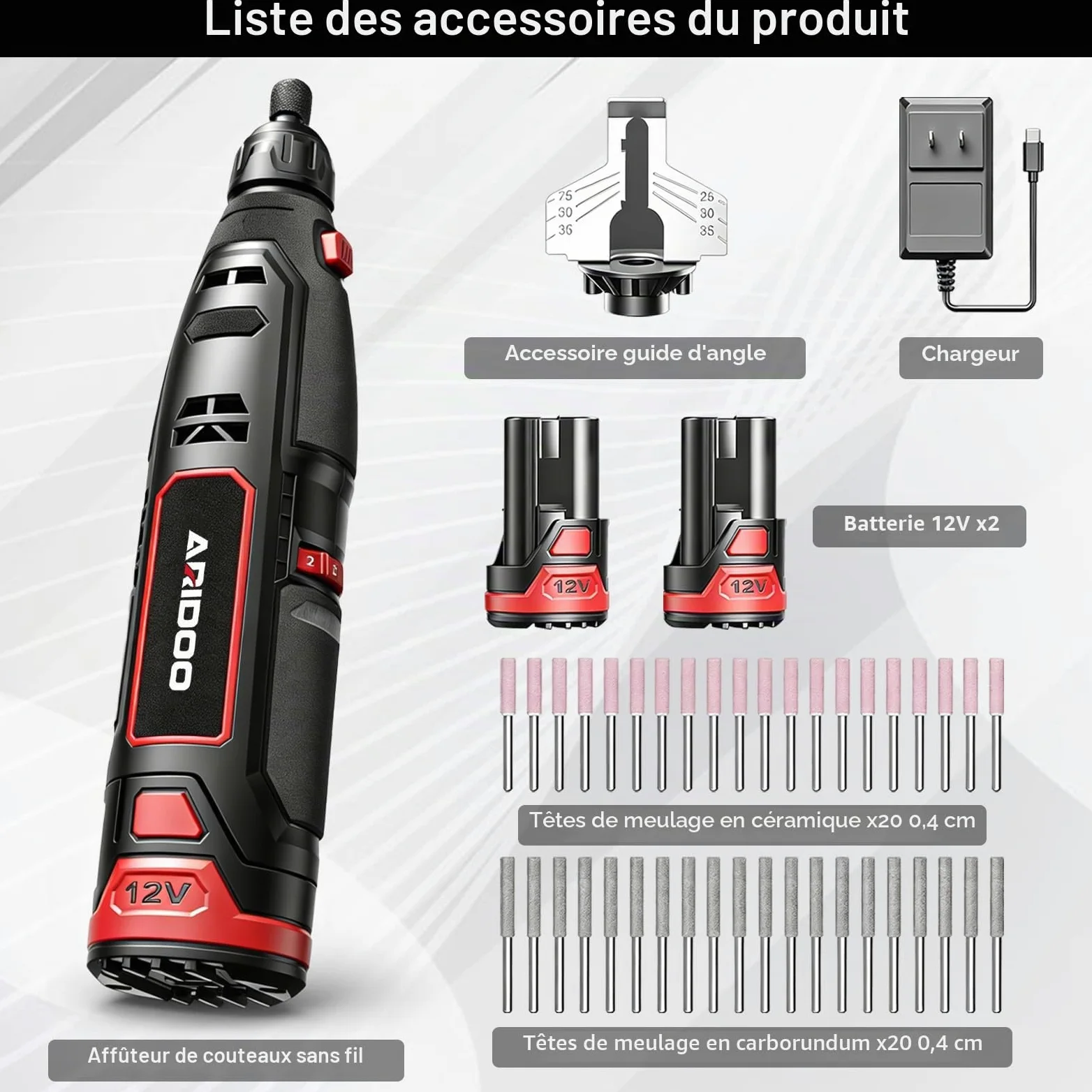 Kit d'affûtage électrique pour tronçonneuses, 2 batteries + chargeur. Outil à grande vitesse avec 20 têtes céramique & 20 meules diamantées, adapté à toutes les chaînes.