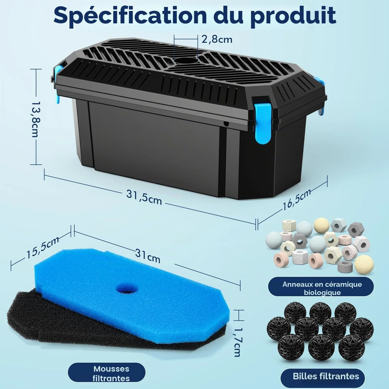 POPOSOAP Kit de filtre d'étang pour extérieur - Ensemble de protection de pompe et de traitement de l'eau pour étangs de 350-2000 L, avec 2 tapis filtrants et 20 boules bio (Pas de pompe)