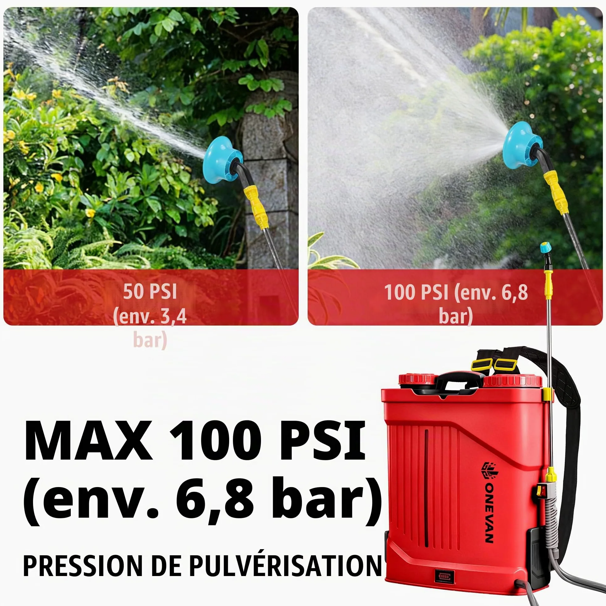ONEVAN Pulvérisateur Électrique 20L Fonction Agitateur 5 Buses & 2 Batterie | 0-100 PSI Réglable, lance télescopique jusqu'à 41", 20 réservoirs, 5 buses, système de mélange intégré pour plus d'efficacité
