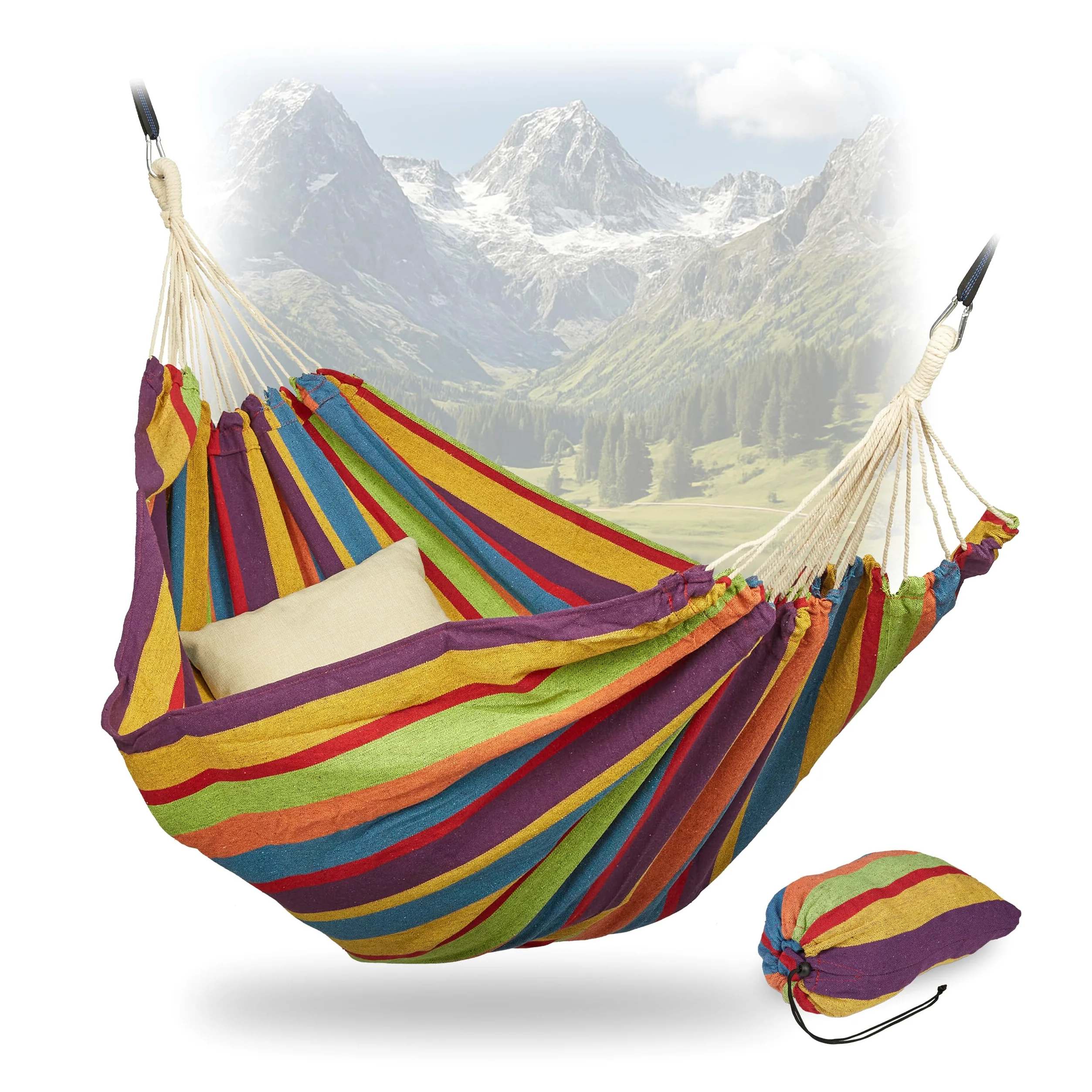 Relaxdays Hamac en Coton, LxP : 150x190 cm, avec kit de Fixation, Jusqu’à 300 kg, transportable, XXL, Multicolore