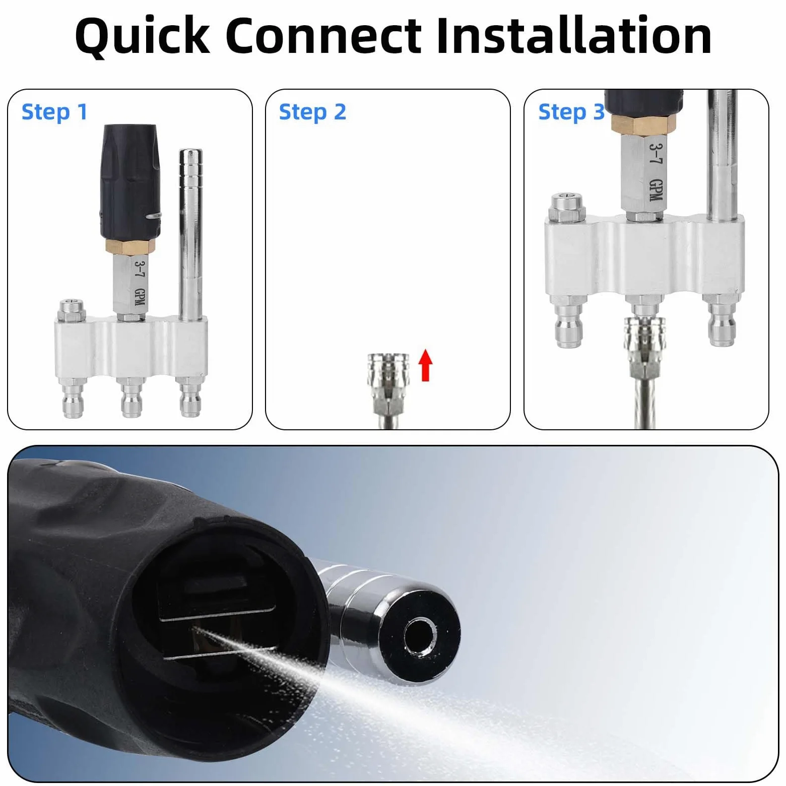 Buse 3 en 1 à Embout Rotatif M5, Buse Lavage Doux Aval avec Raccord Rapide 1/4" Débit 3 à 7 GPM Réglable Nozzle Nettoyeur Haute Pression Jet X pour le Lavage Toits Véhicules Jardin