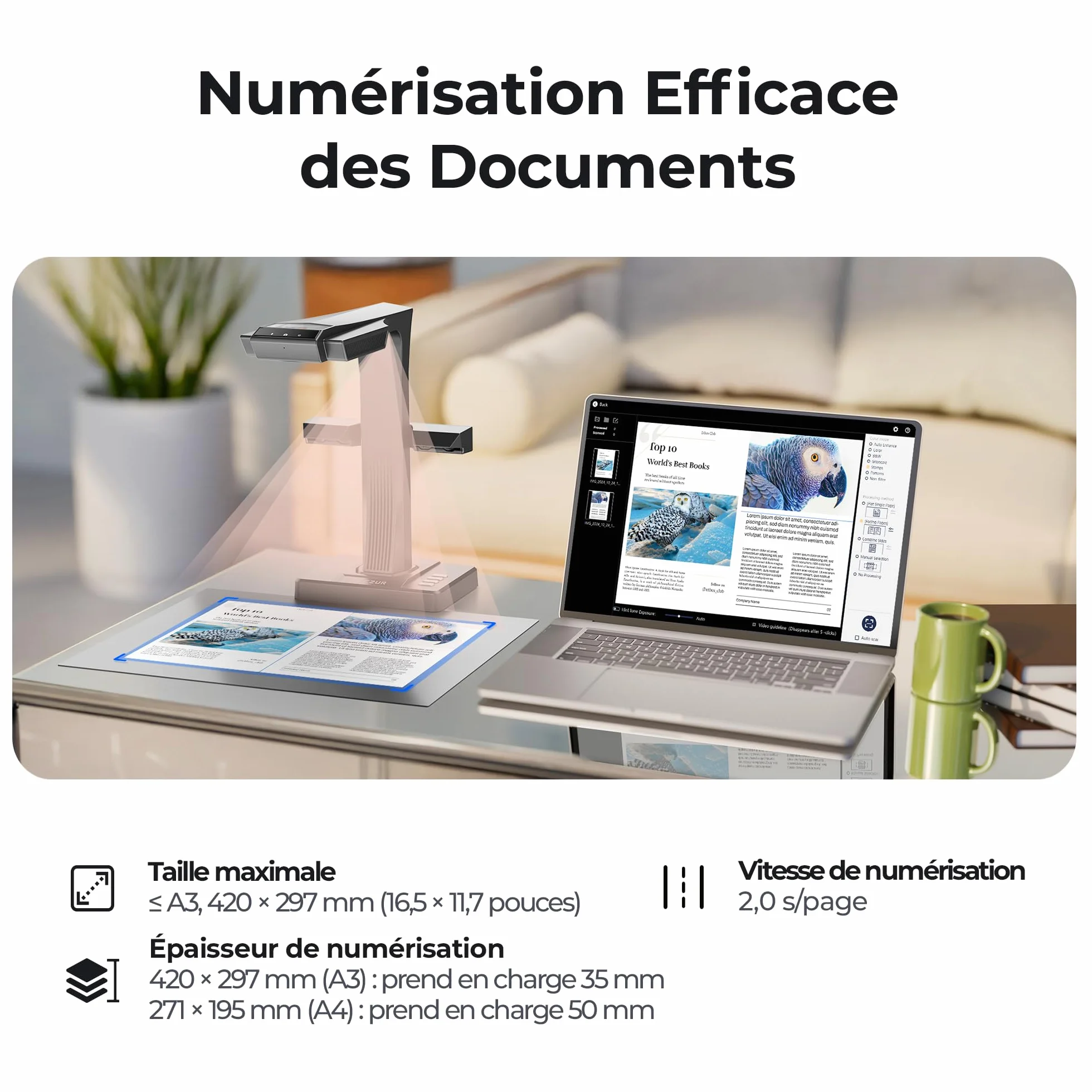 CZUR ET16 Plus Scanner de Documents A3, 16 MP, OCR Multilingue, macOS & Windows, PDF Éditable