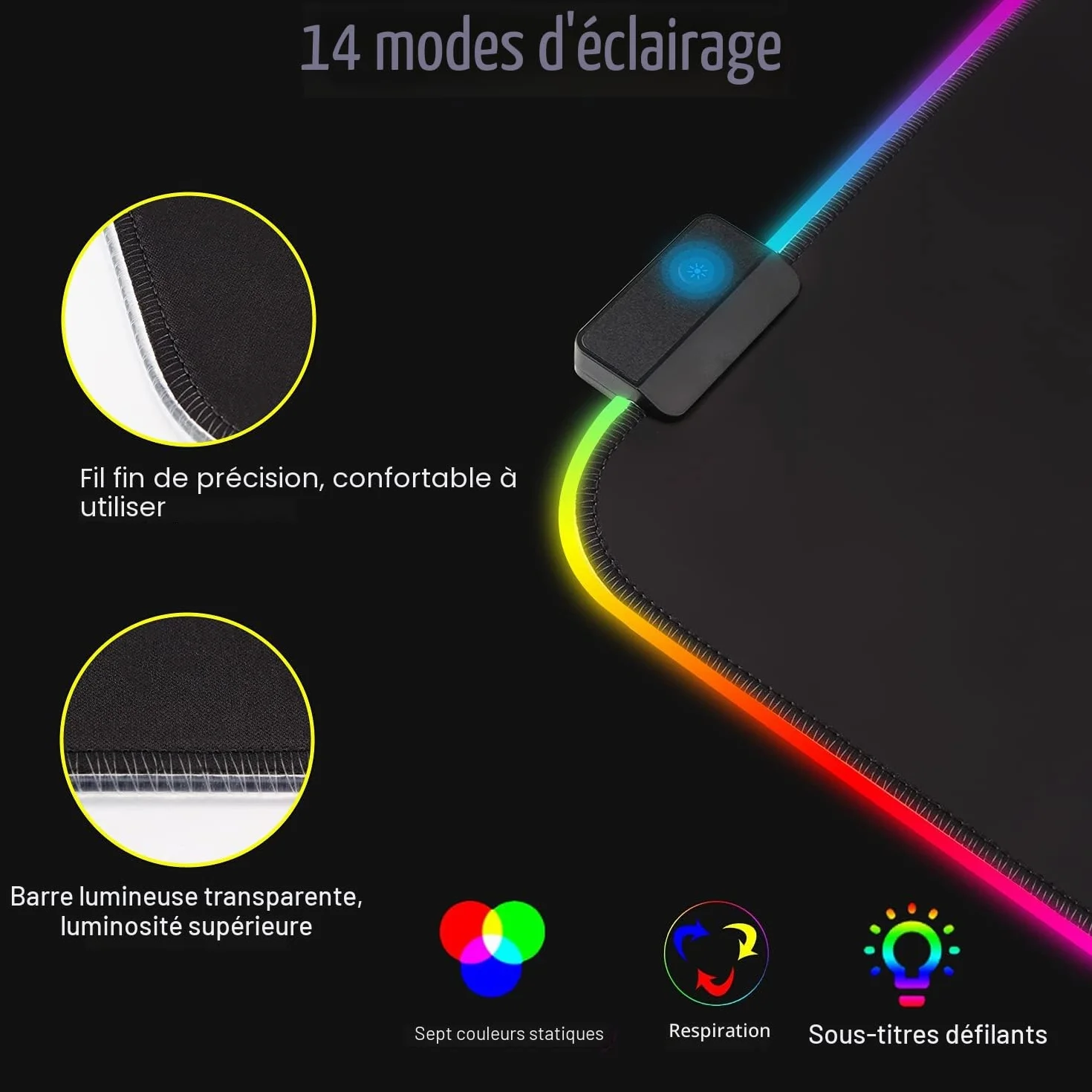 Tapis de Souris Gaming RGB XXL 800 x 300 mm, 14 Effets LED, Étanche, Antidérapant