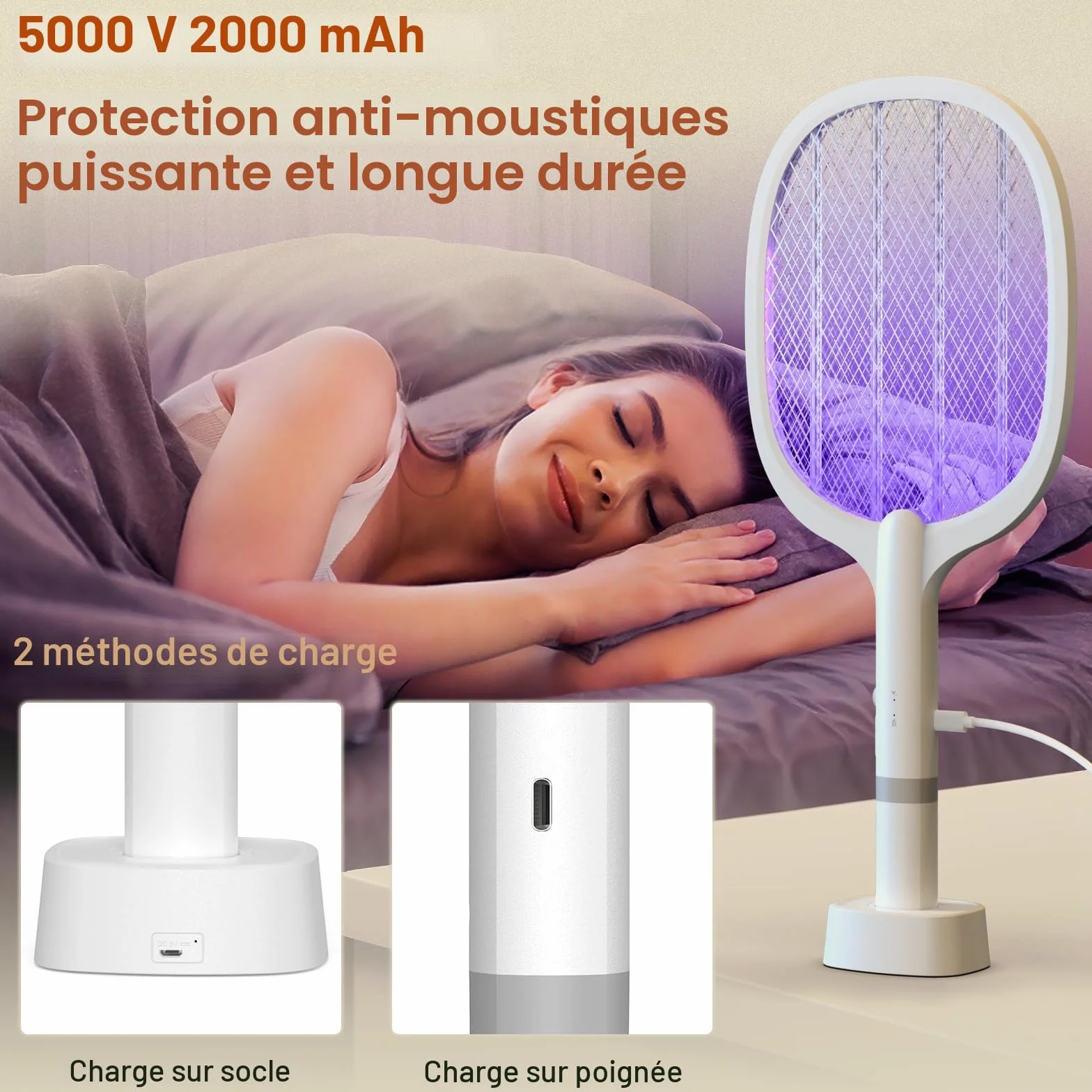Raquette Electrique Insectes 5000V 2000 mAh Tapette à Mouches USB C 2 en 1 Anti-Moustiques