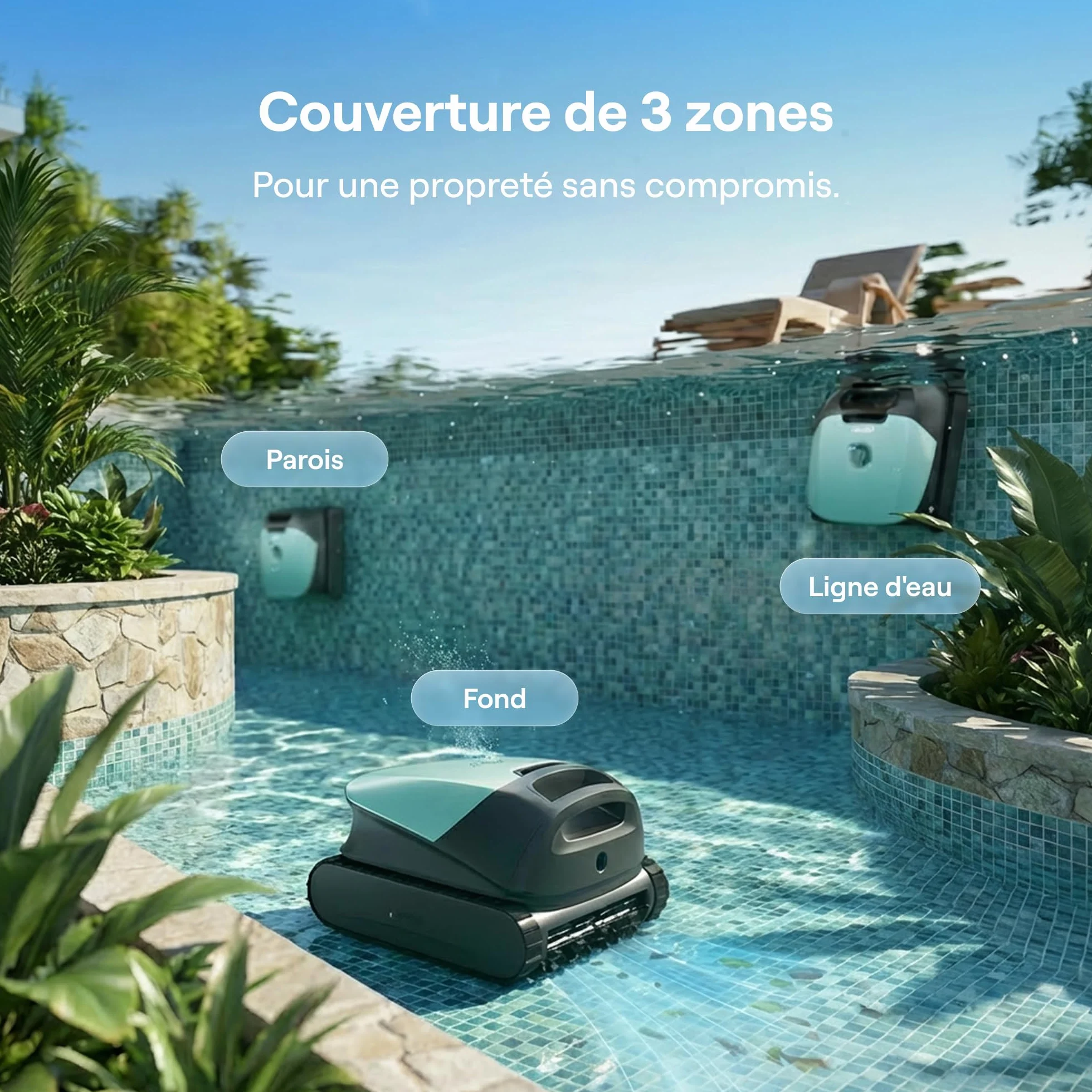 Beatbot Sora 10 Robot Piscine sans Fil 25700 LPH Fond Parois Ligne d'eau Plages Immergées Filtre 5L Spécial Feuilles 300 Min 300m² Vert
