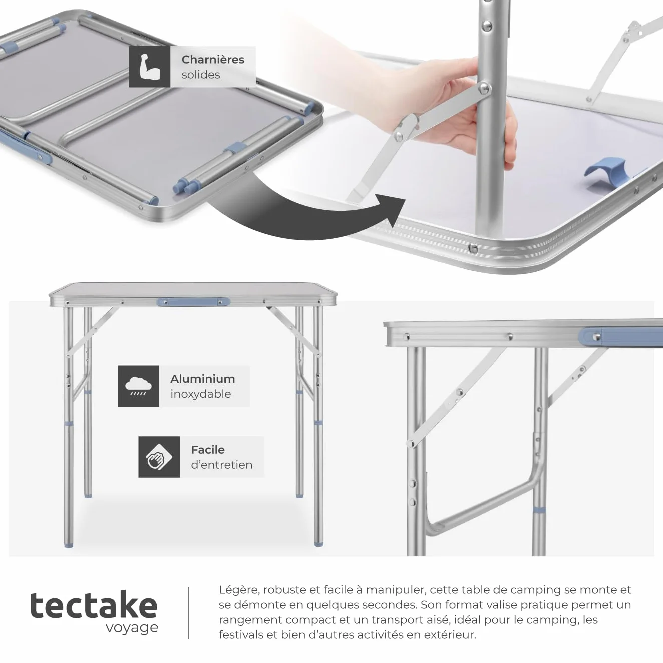 Tectake Table Pliante de Pique Nique Camping Aluminium Léger Compact Hauteur Réglable 75x55x68 cm