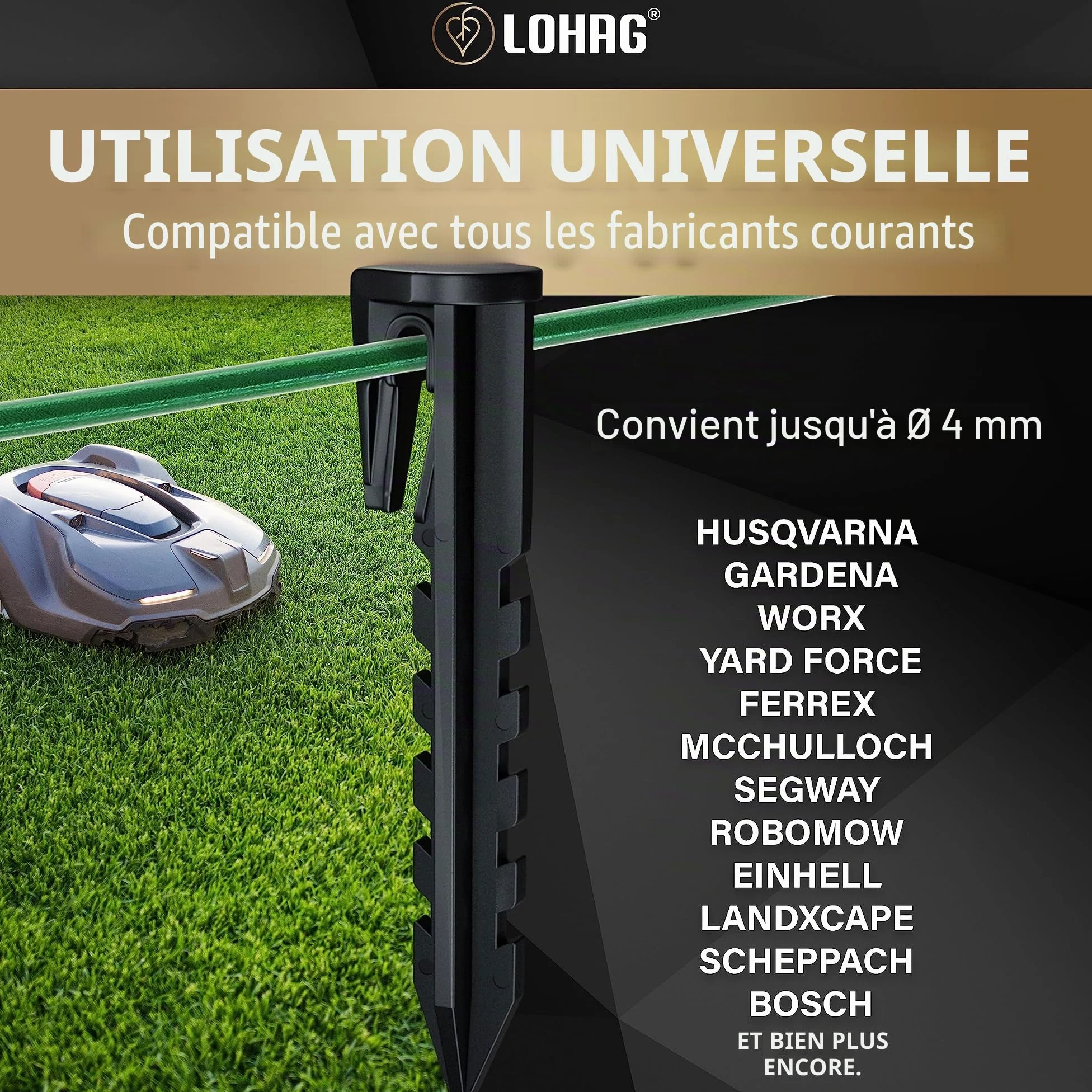 Piquet de terre - Forme brevetée pour robot tondeuse de pelouse - Fil de délimitation Gardena Husqvarna Bosch Worx Honda Yard Force - Câbles de piquets