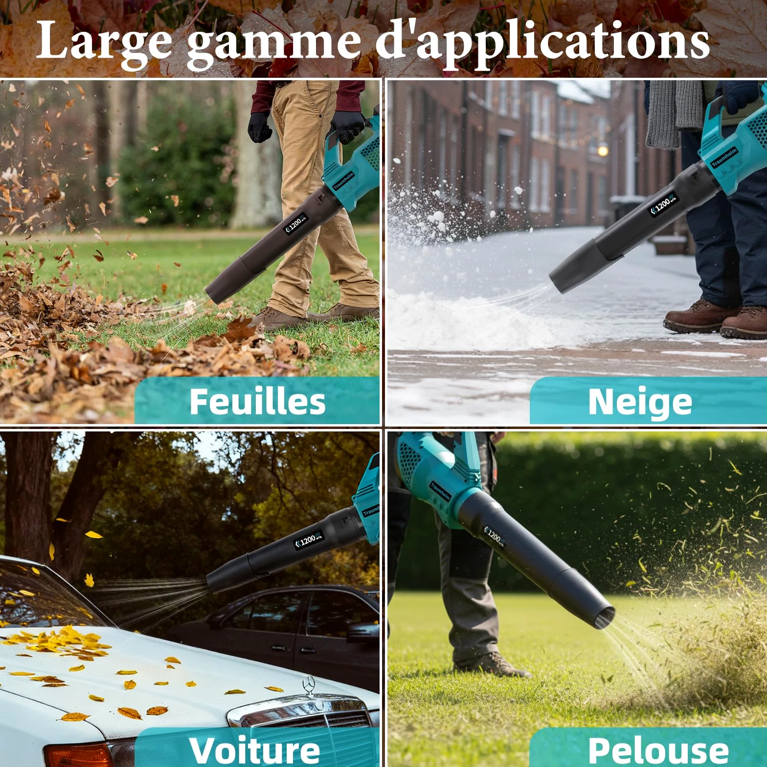 Souffleur de Feuilles sans Fil avec Batterie, 3 Vitesses, électrique sans Fil avec 2 Batteries 4,0Ah/21V, 1200 m³/h, pour Jardin, Feuilles, poussière et Neige