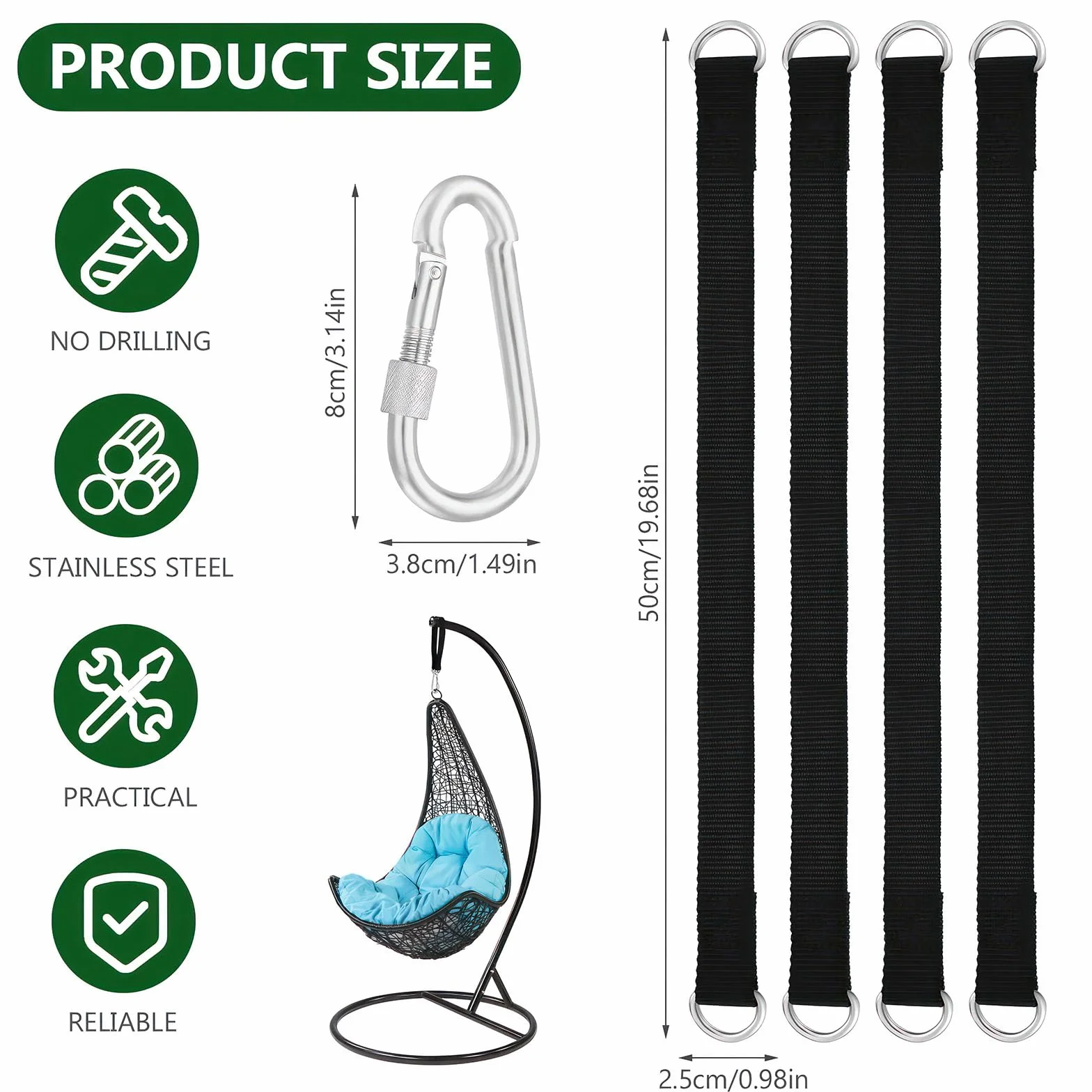 Set di Sangle Hamac 50 cm x 25 mm Sangles de Suspension pour Balançoire Arbre avec Mousquetons et Anneaux en D