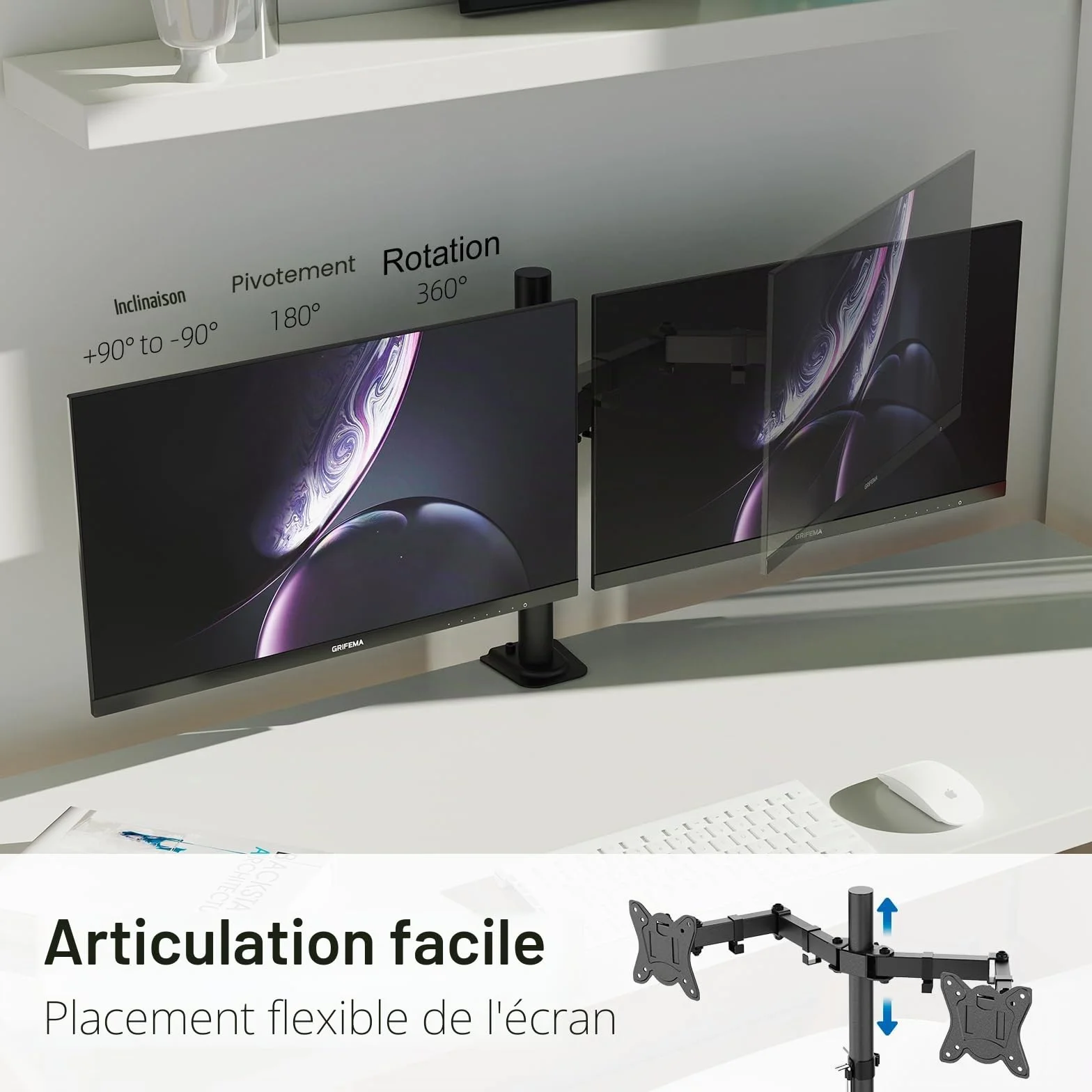 GRIFEMA Support Double Ecran PC 13-27 Pouces Bras Réglable Hauteur Inclinaison 90° Rotation 360° Poids 10KG VESA 75/100 MM Noir