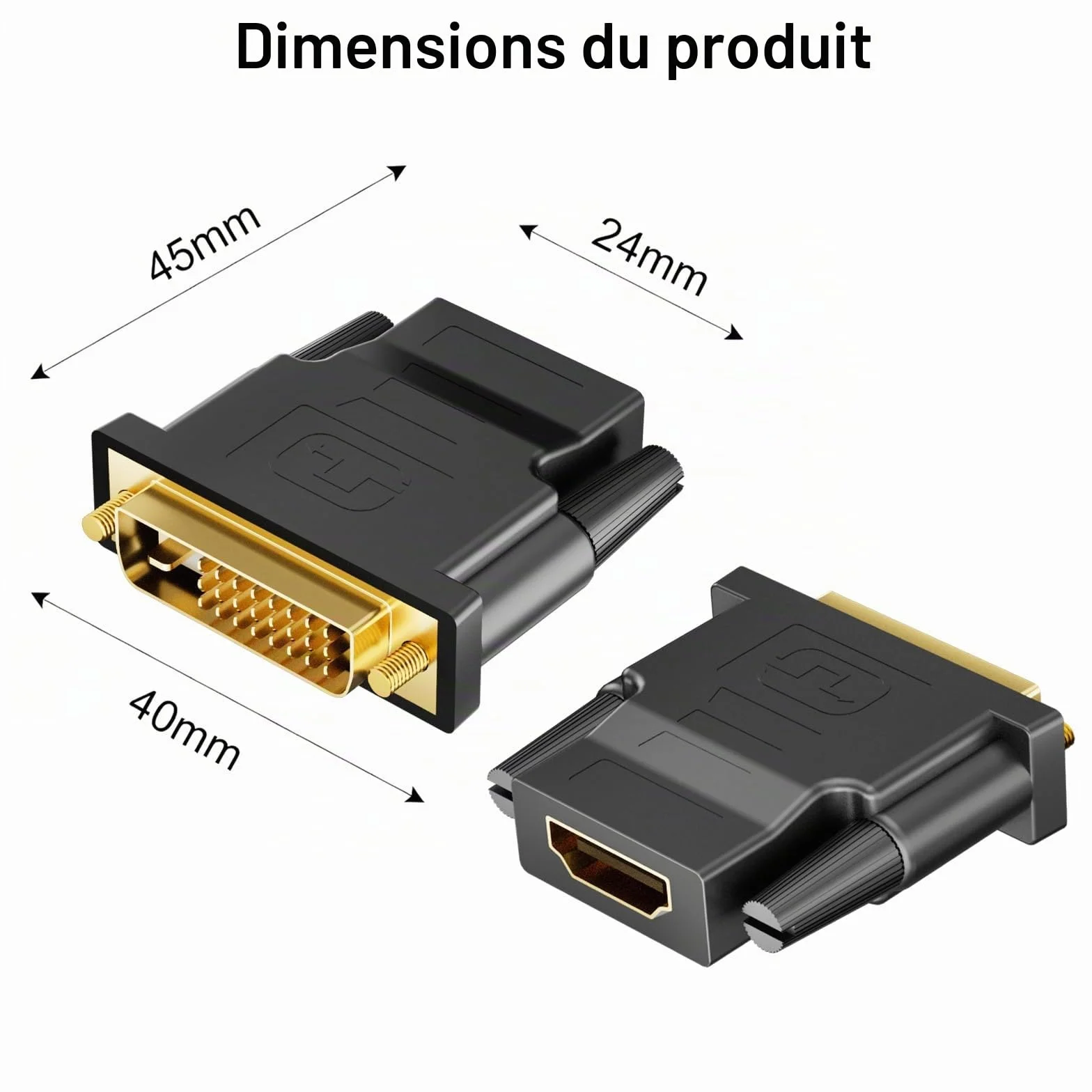 Adaptateur DVI vers HDMI 2Pack Bidirectionnel Convertisseur HDMI Femelle vers DVI-D Mâle Plaqué Or 1920x1200 1080P