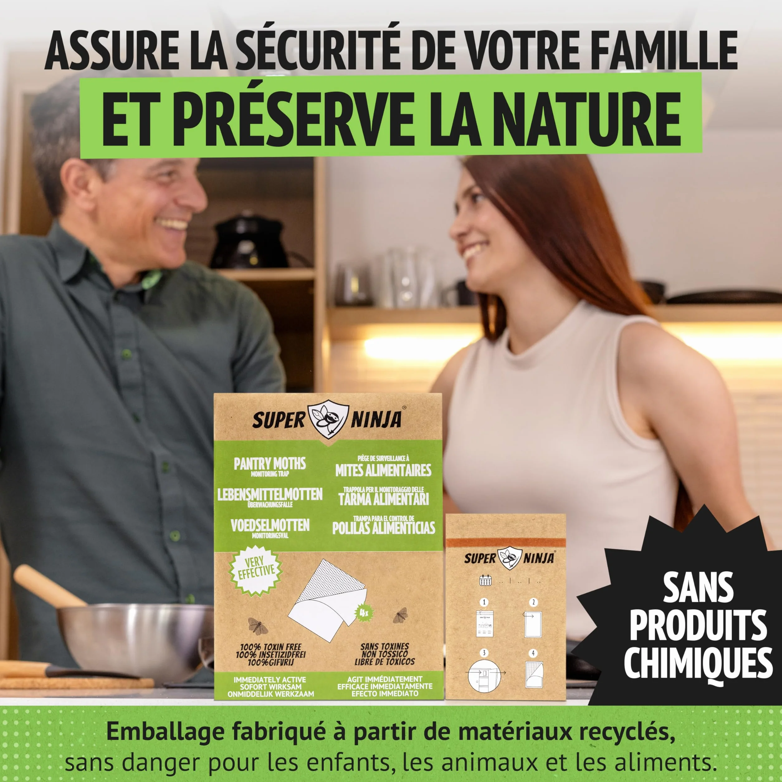 Super Ninja Anti Mites Alimentaires Pack de 4 Pièges avec Phéromone Attractif Cuisine Placards Protection 3 Mois