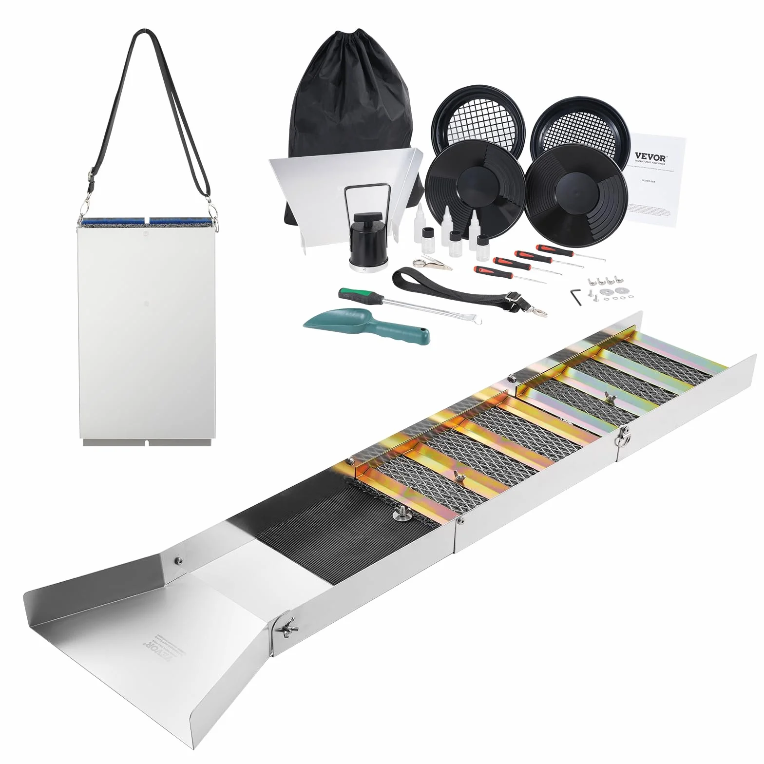 VEVOR Kit d'Orpaillage Portable 23 Pièces 127 cm Rampe d'Orpaillage en Aluminium avec Bâtée Tamis Pipettes Pelle
