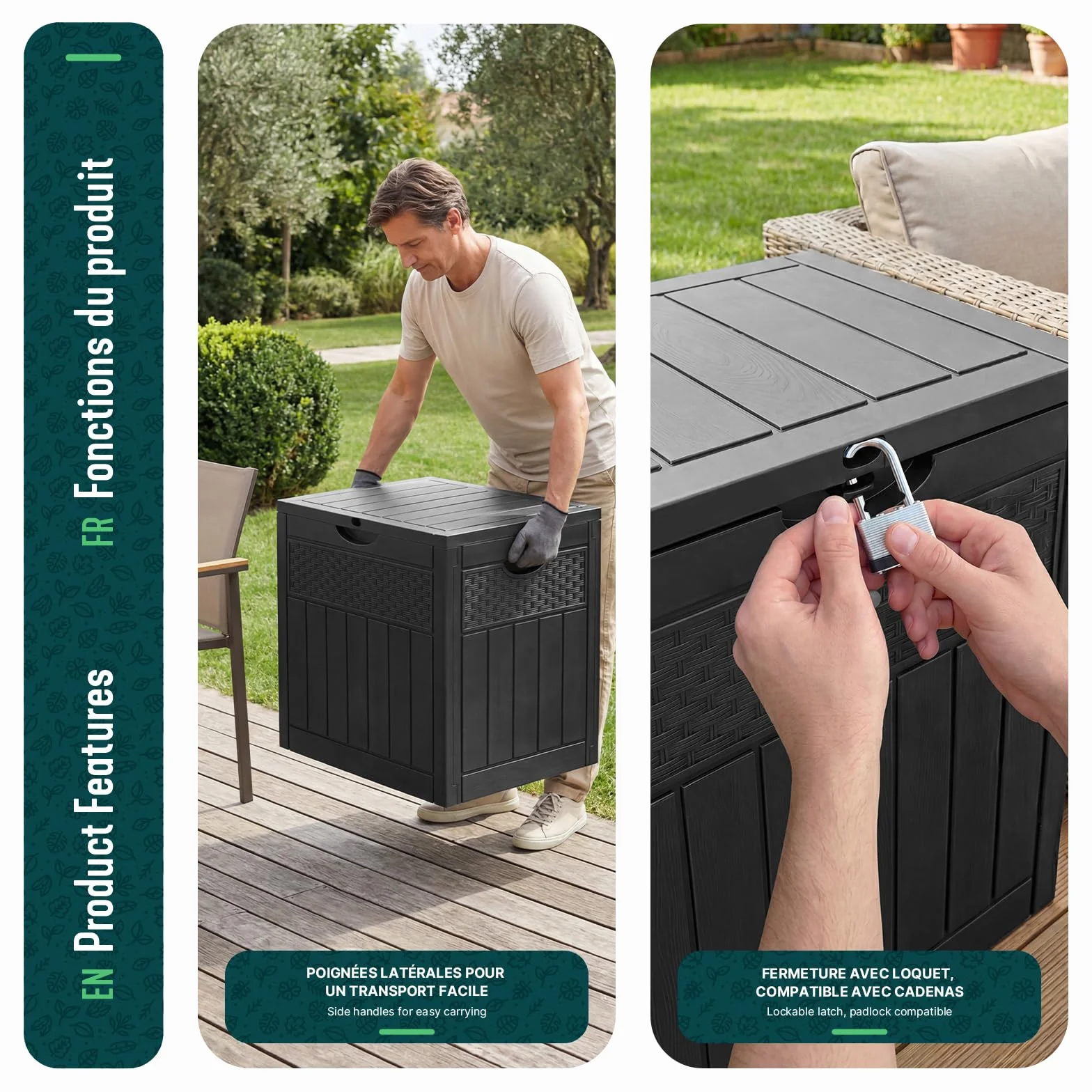 Vounot Coffre de Rangement Extérieur 126L Boîte de Jardin Étanche Anti UV 56x43x53 cm Noir