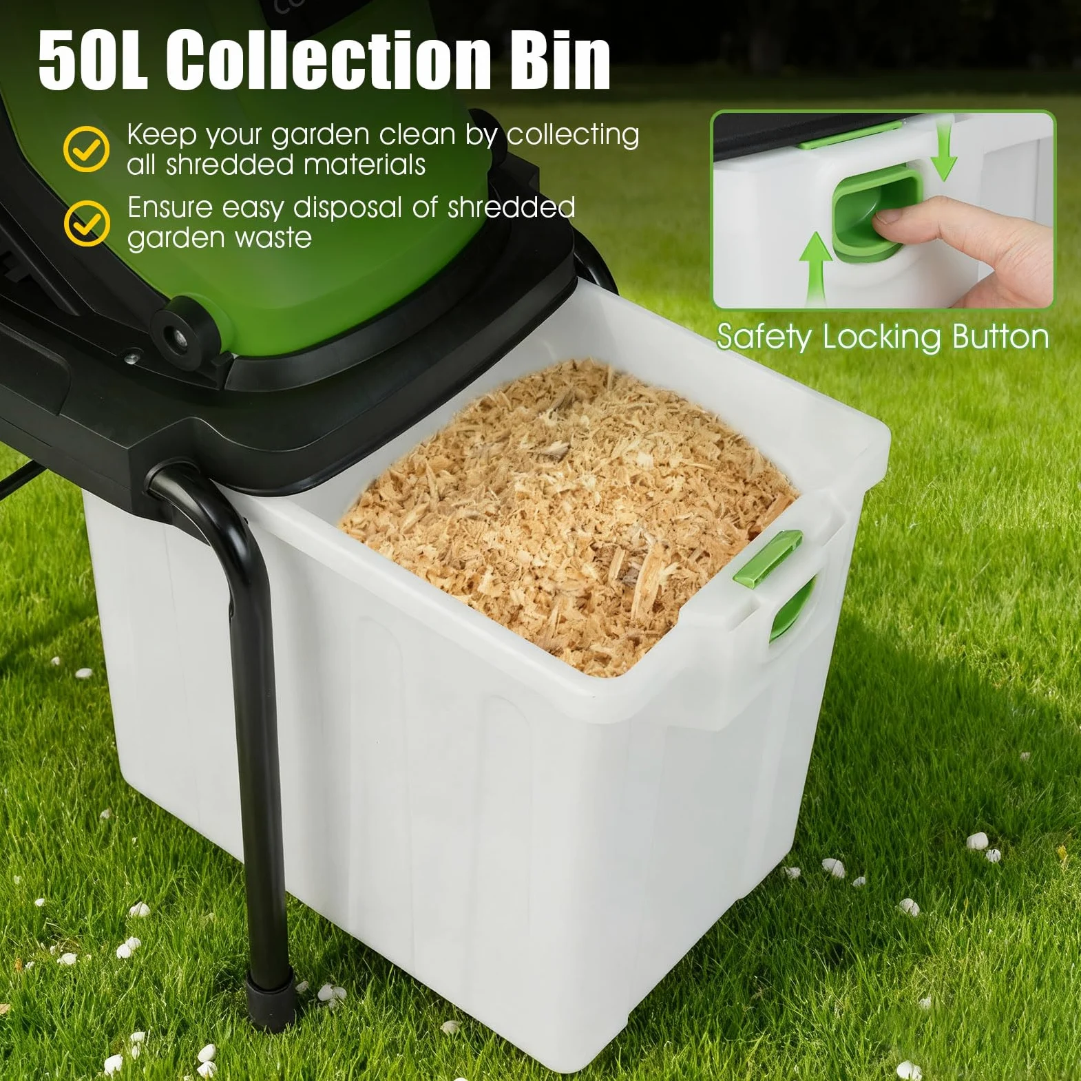 FANTASK Broyeur de jardin électrique 3000 W - 55 x 44 x 106 cm - Broyeur de jardin avec roues - Bac de ramassage de 50 l - Épaisseur de coupe 45 mm - Avec fil - Broyeur à rouleaux électrique pour le