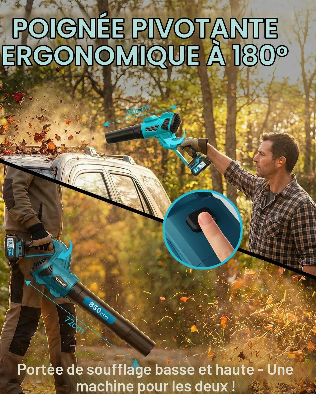 Souffleur de Feuilles sans Fil 1444m³/h 402km/h Moteur sans Balais 2x5,4Ah | Souffleur Batterie Vitaler avec Écran TFT 1,35", Chargeur Rapide 2,0A pour Jardin, Pelouse, Feuilles, Poussière et Neige
